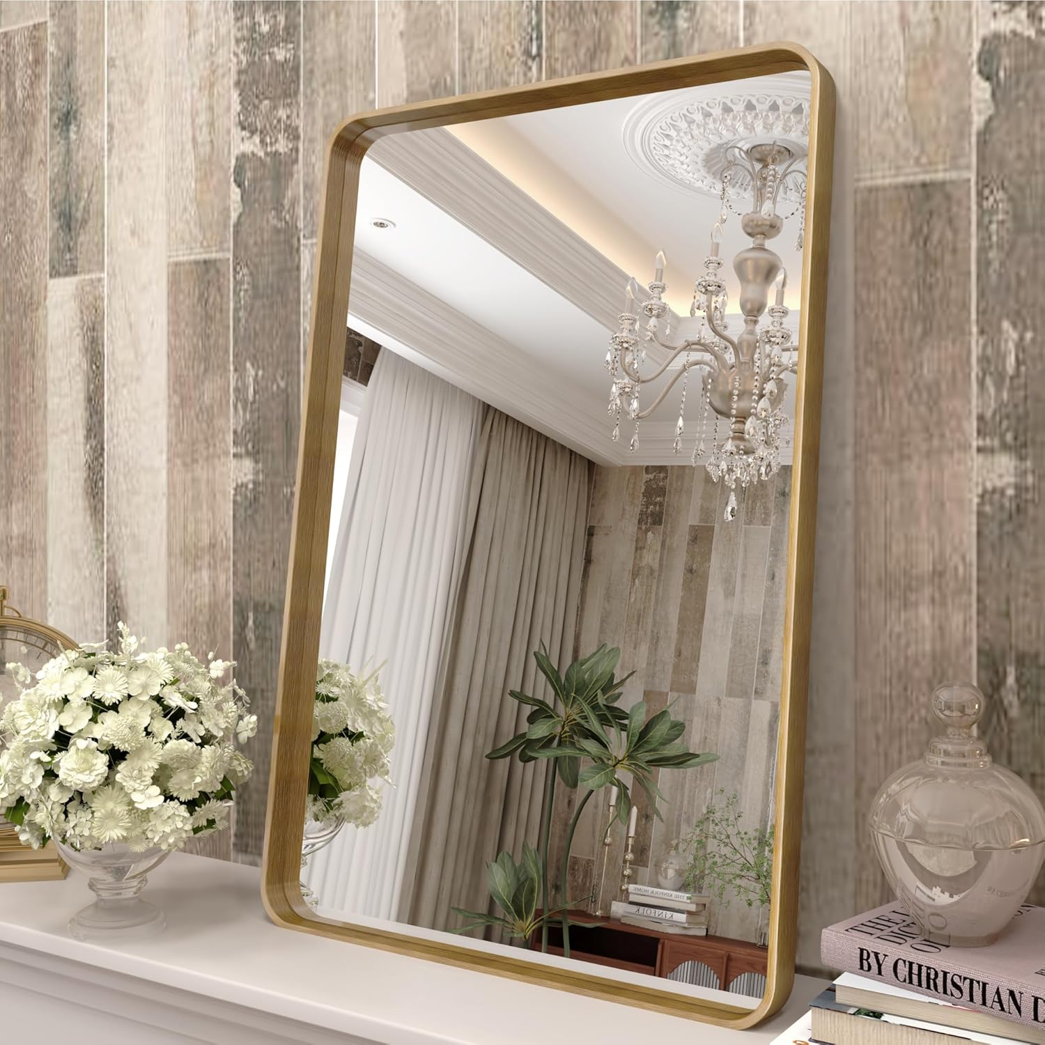 Espejo de baño dorado de 16 x 24 pulgadas, espejo rectangular redondeado con marco dorado, espejo de tocador de baño de latón dorado cepillado,