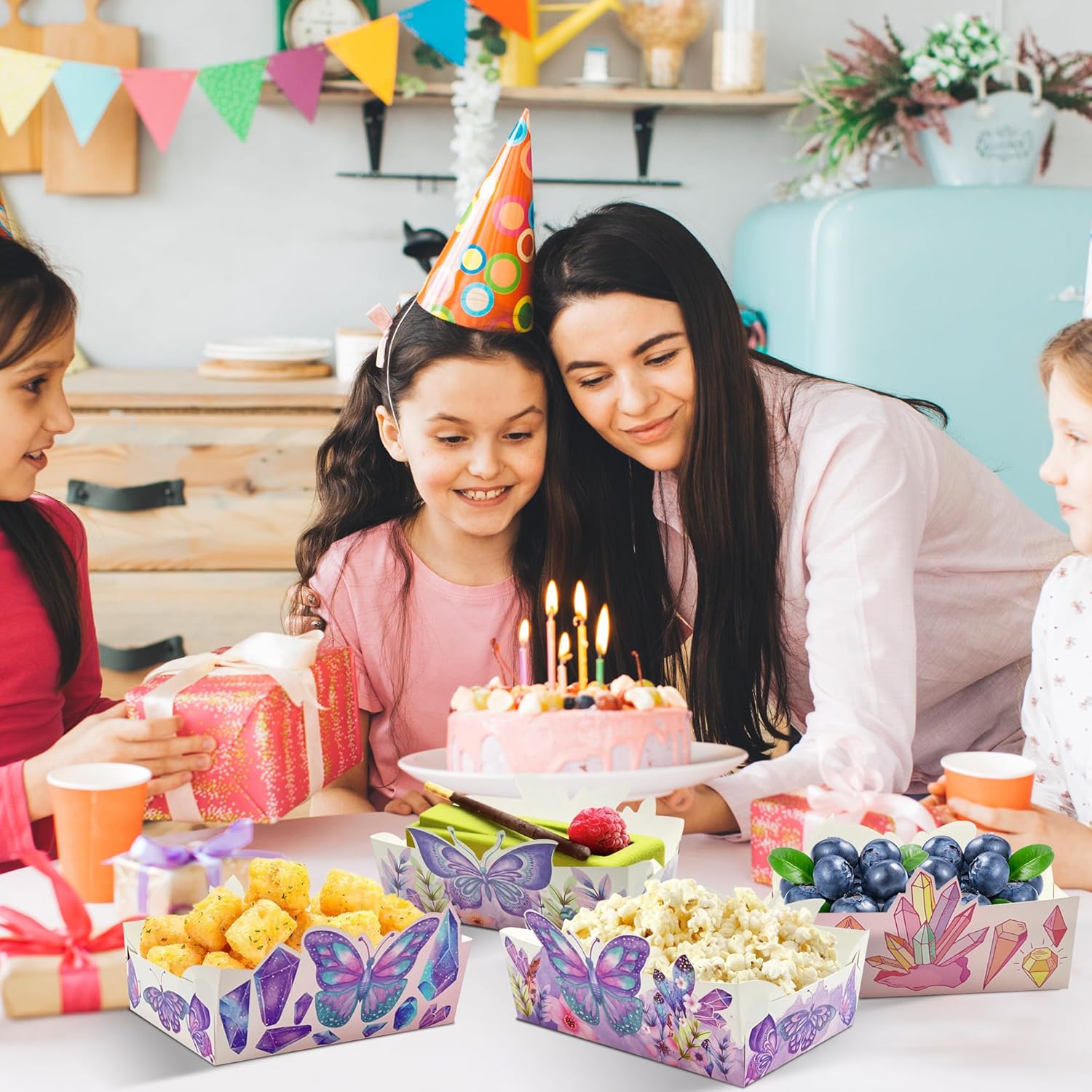 Suministros de fiesta de cumpleaños de mariposa, paquete de 24 bandejas desechables de mariposa para alimentos, cuenco de papel para niñas, baby