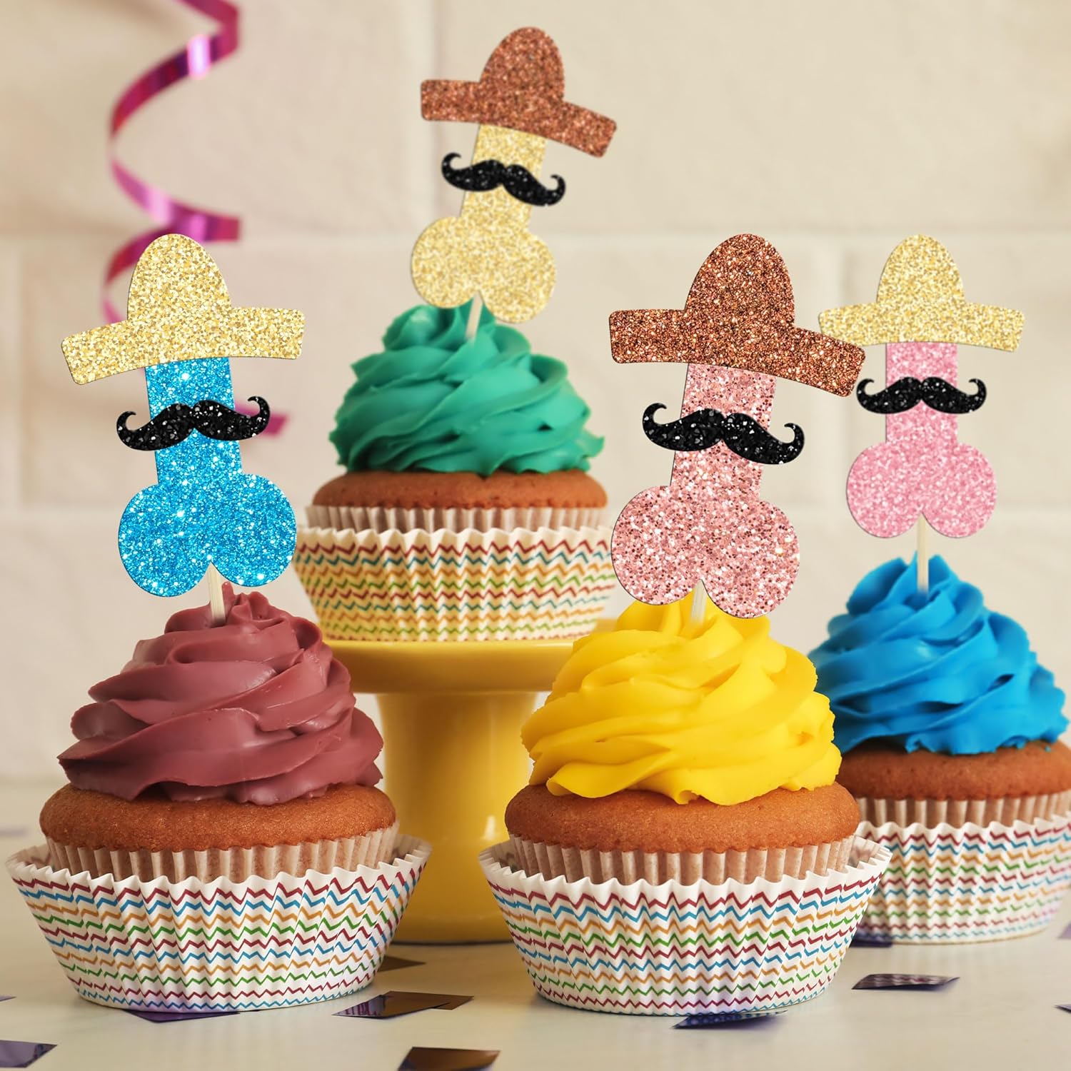 Gyufise 24 adornos para cupcakes para despedida de soltero, sombrero con brillantina, para barba, divertido, despedida de soltera, cupcakes,