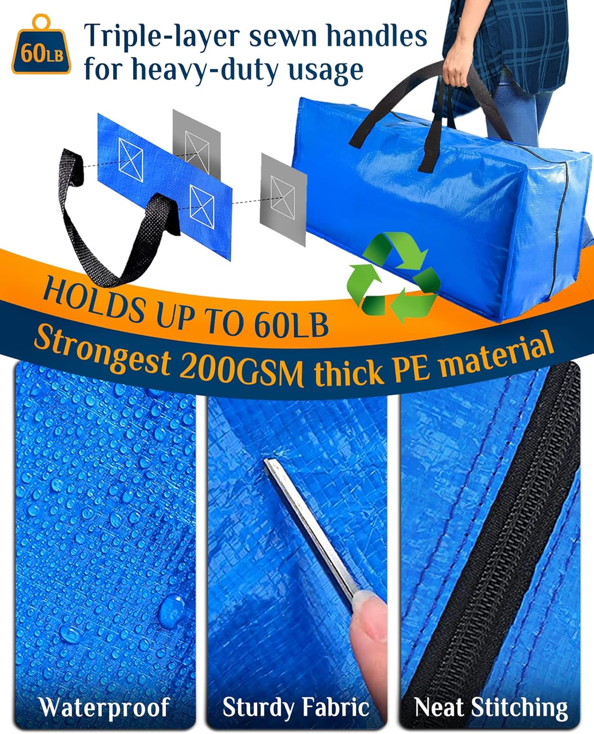 Raydior Heavy Duty Moving bags Storage Totes 4PCS Extra Large Blue Packing Bags Backpack Straps Strong Handles & Zippers College Moving, Laundry