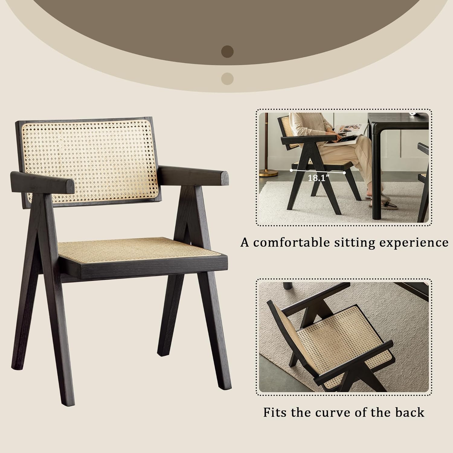 Silla ahumada de roble, diseño clásico moderno, patas en V resistentes, respaldo de ratán, ideal para comedor y sala de estar