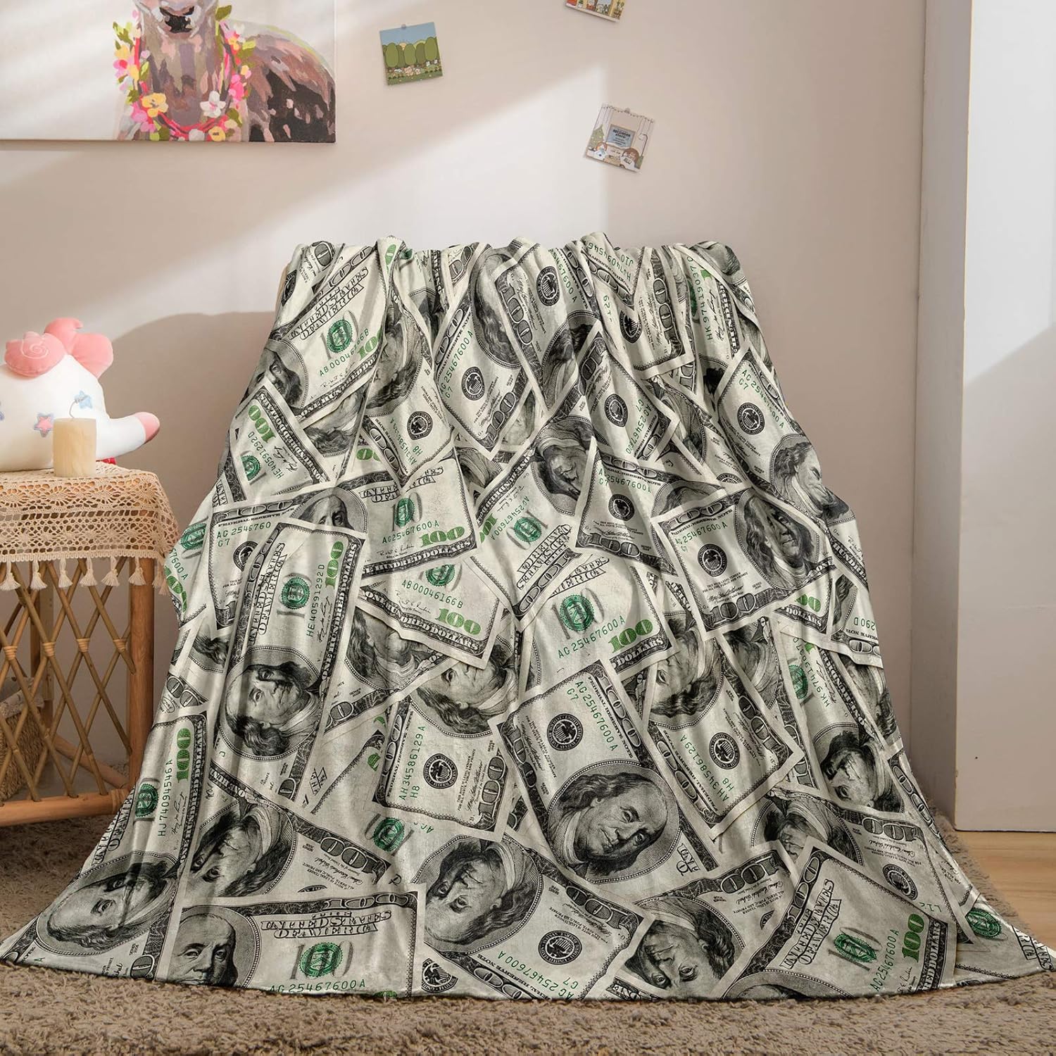 Manta de dinero, manta de franela con temática de riqueza, manta suave y mullida para dormitorio, sofá (50 x 60 pulgadas), dólar