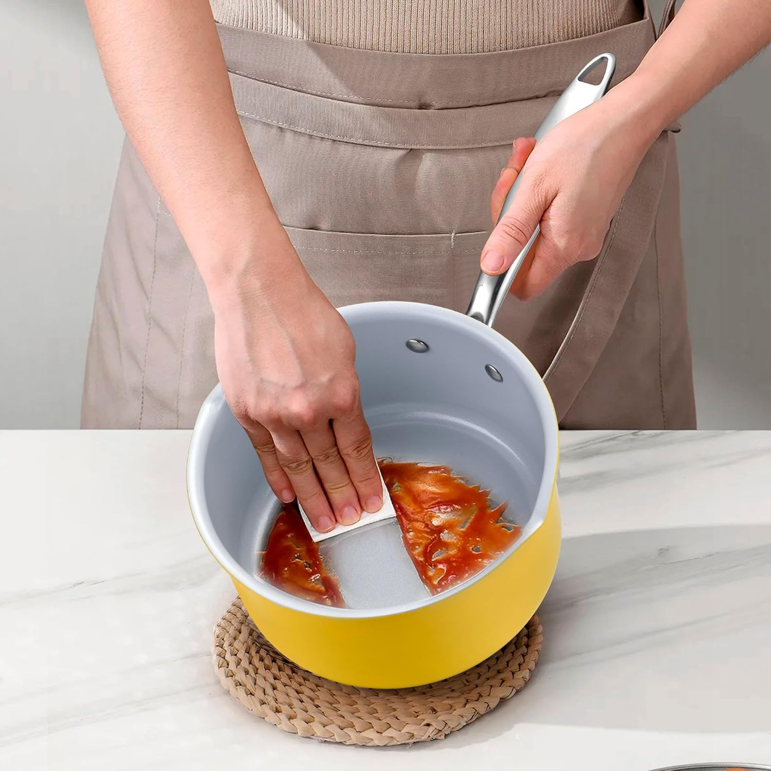 Sartén antiadherente de 2 cuartos de galón con tapa, cacerola de cerámica, olla pequeña no tóxica, sin PTFE ni PFOA, apta para horno y compatible