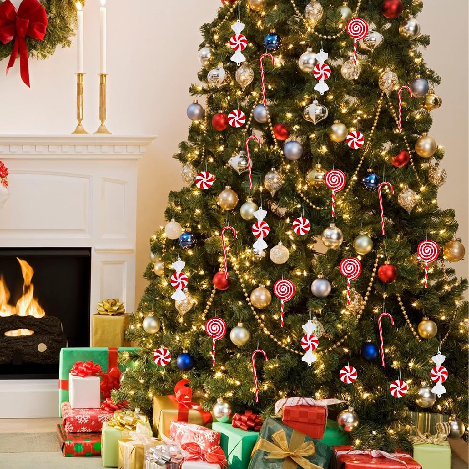 16 piezas de decoraciones de bastón de caramelo de Navidad, decoraciones colgantes colgantes de árbol de Navidad, piruletas torcidas dulces de