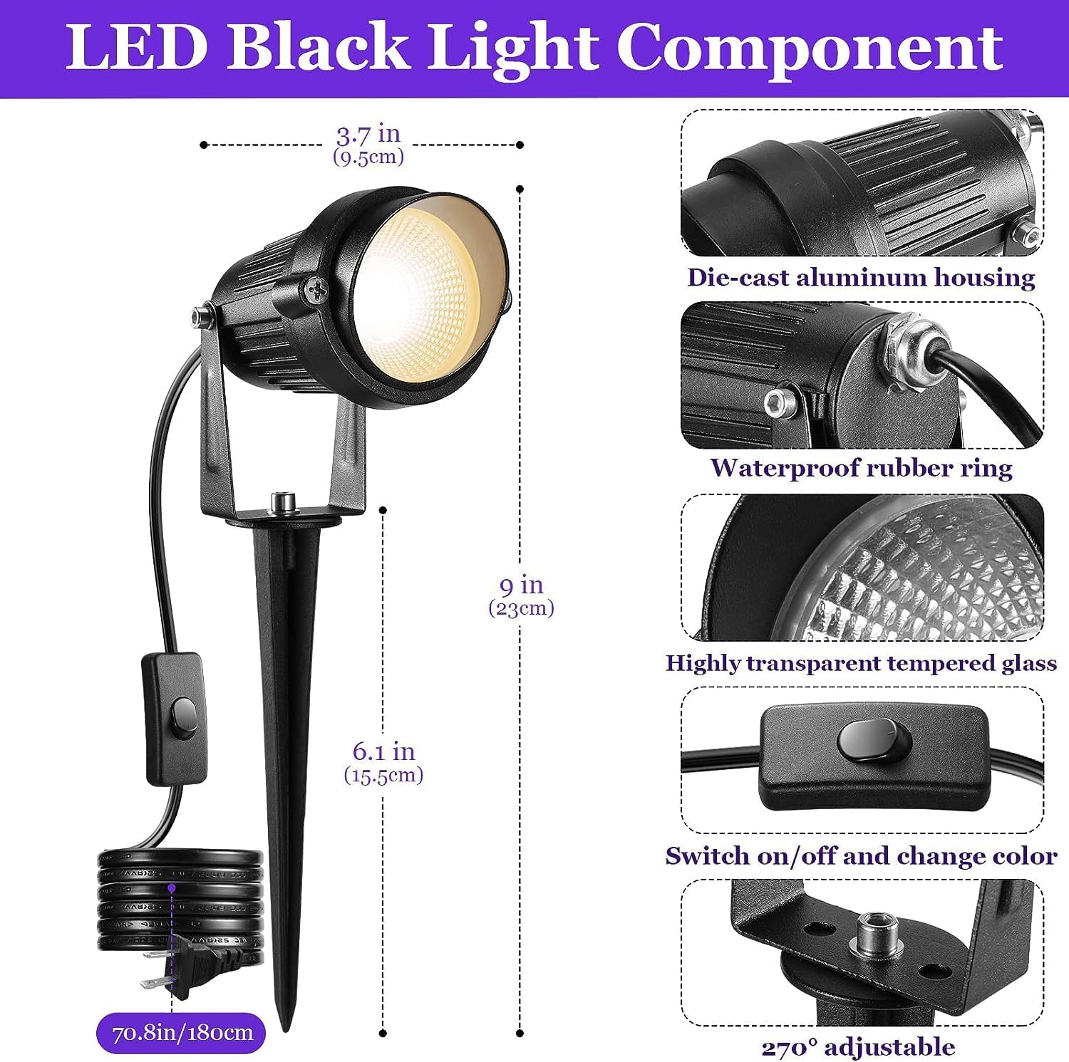 Junview Luces LED negras de 12 W con enchufe blanco cálido de EE. UU., IP66, impermeables, para exteriores, luces negras para fiestas de baile,