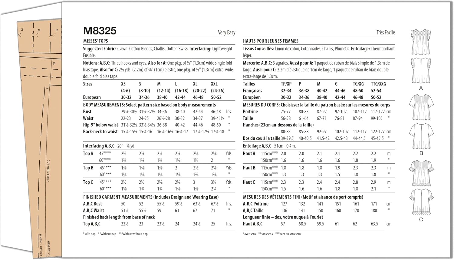 McCall’s Kit de patrones de costura Misses’ Tops, código de diseño M8325, tallas XSM-SML-MED