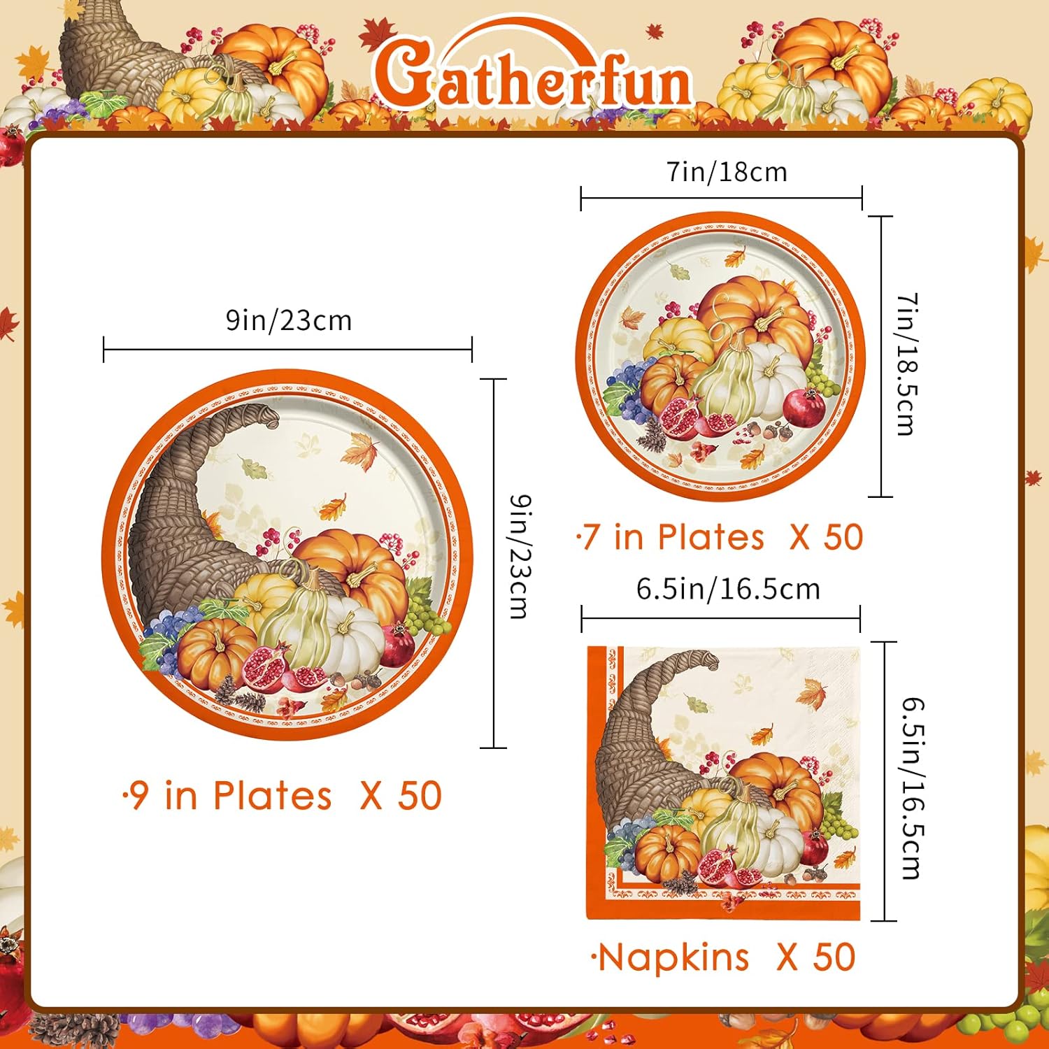 El kit de suministros para fiesta de cosecha de calabaza de otoño incluye platos de papel desechables Cornucopia, platos de postre y servilletas