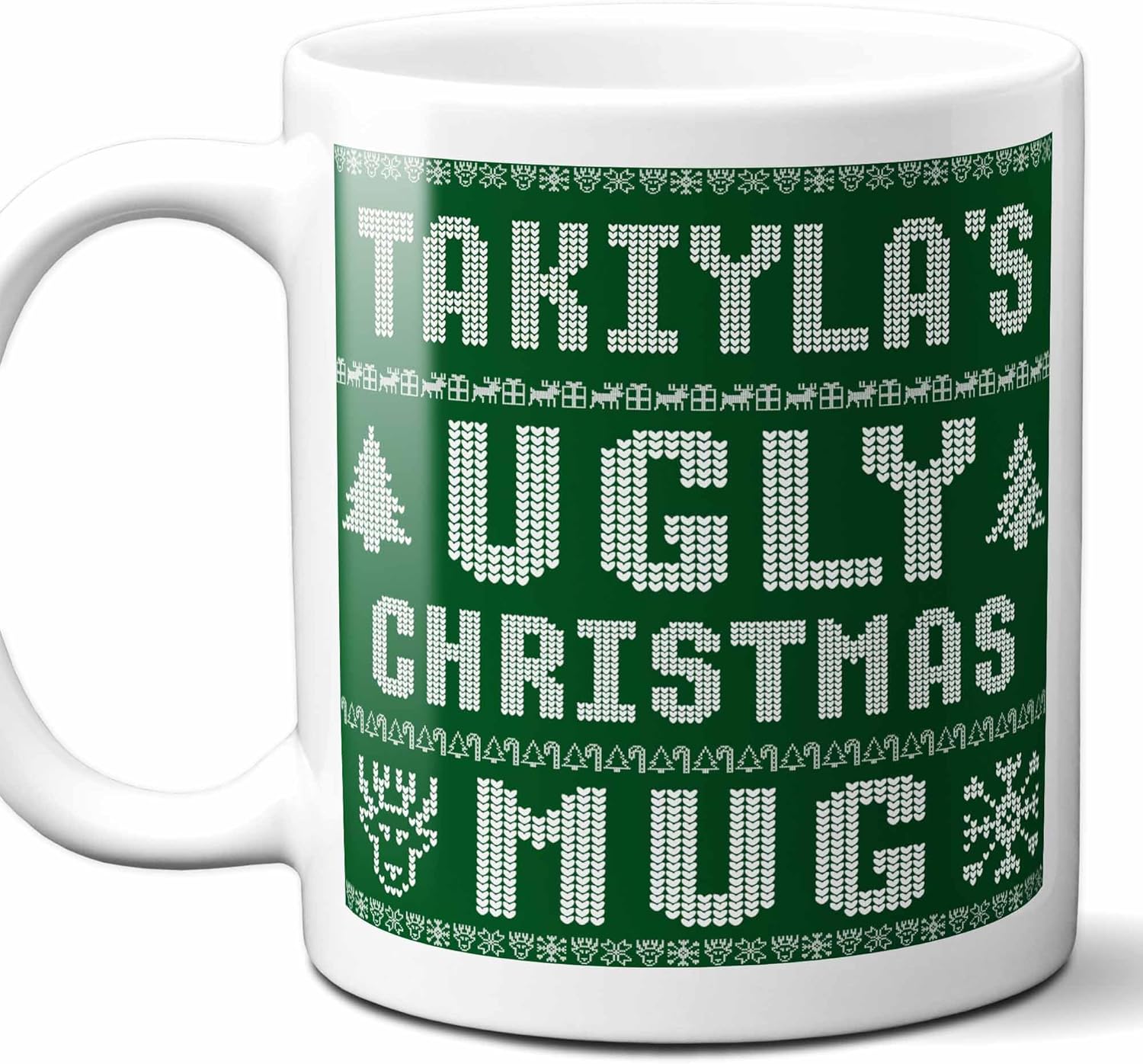 Takiyla Name Christmas Gift. Personalized Ugly Christmas Sweater Coffee Mug. Funny Custom Xmas Gift, Stocking Stuffer For Friends, Coworkers And