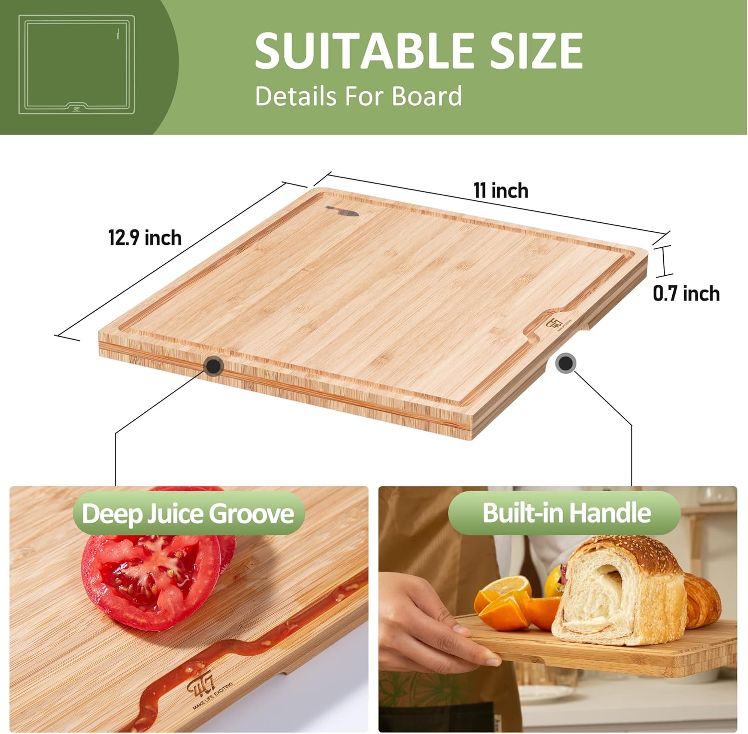 Tabla de cortar de bambú para cocina, tabla de cortar con ranura para jugo y asas, tabla de charcutería, reversible para preparación de comidas y
