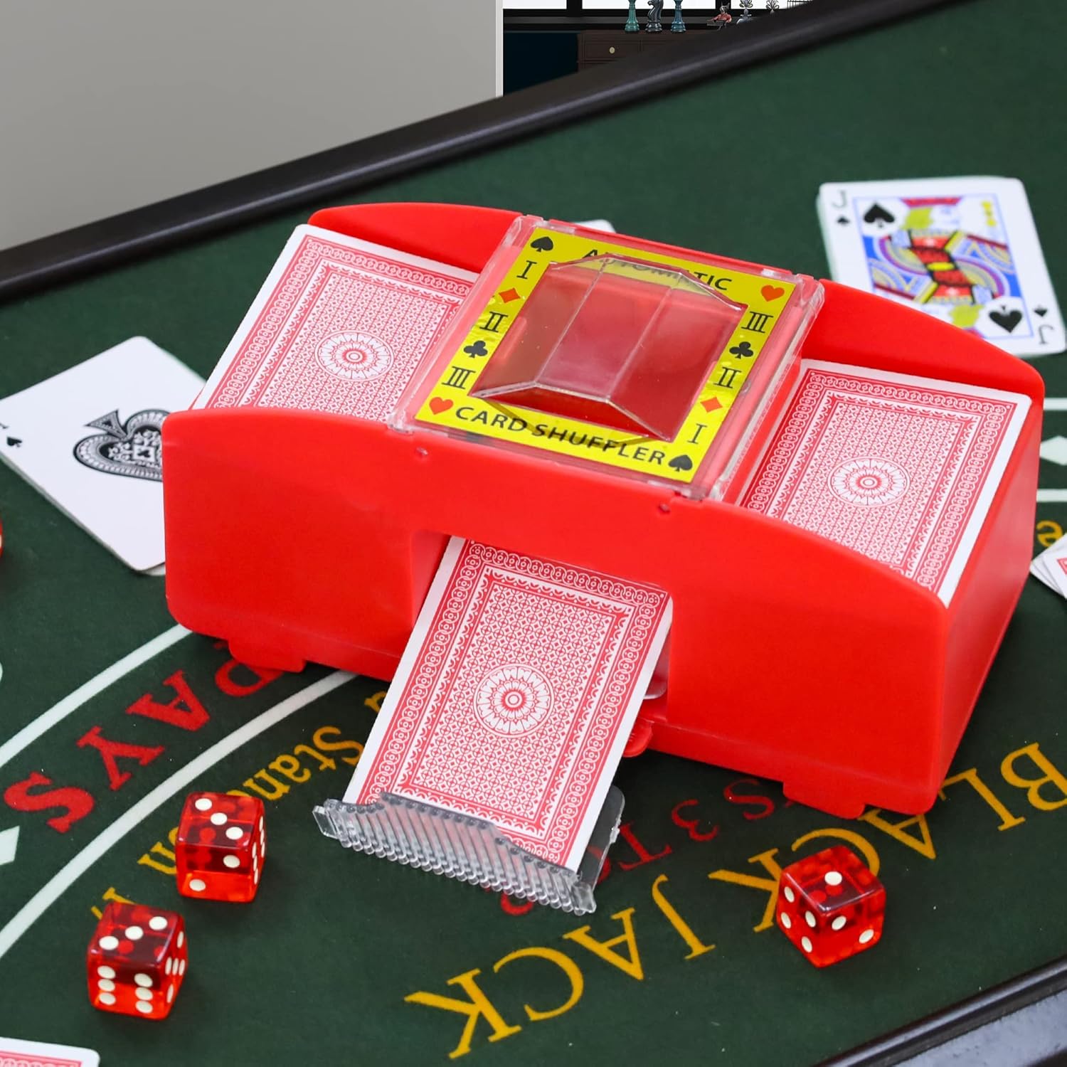 WYZworks Red Casino – Barajador automático de cartas de 2 barajas, funciona con pilas, para juegos de cartas de blackjack y póker (1-2 mazos,