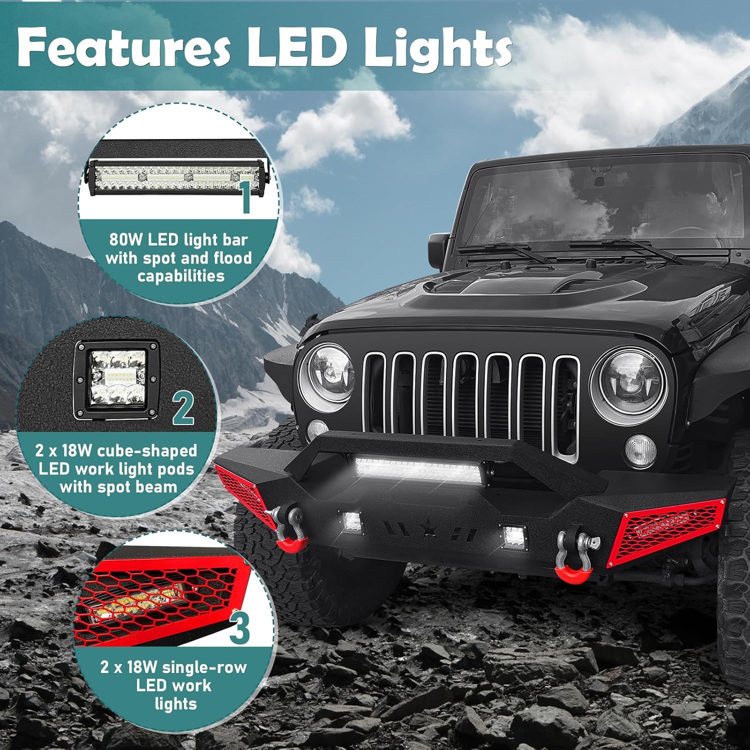 Parachoques delantero compatible con Jeep Wrangler JK JL JKU JLU Unlimited 2007-2024 y Gladiator JT – Parachoques todoterreno con placa de