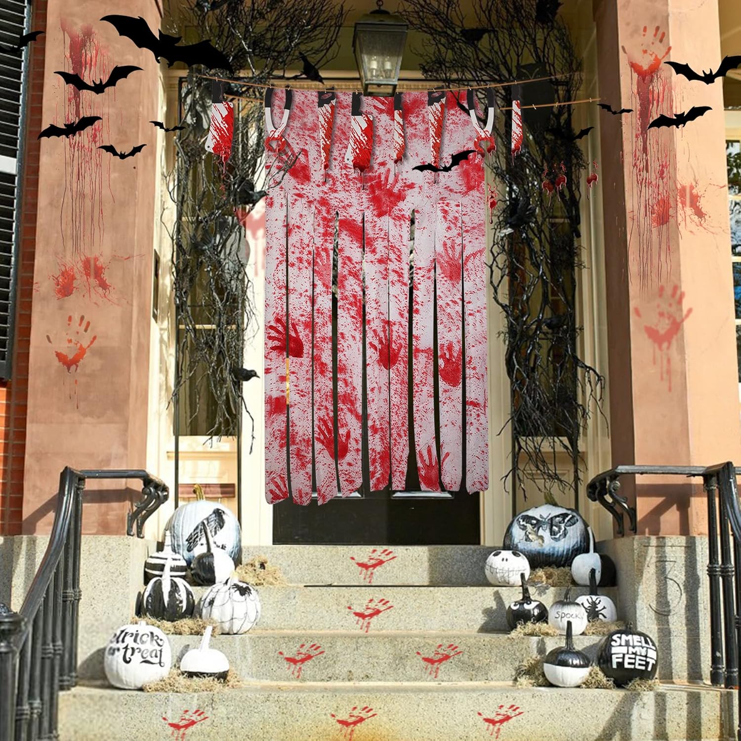 2 decoraciones de puerta de Halloween con impresiones a mano, 1 pancarta de guirnalda de armas de sangre de Halloween, decoración de Halloween,