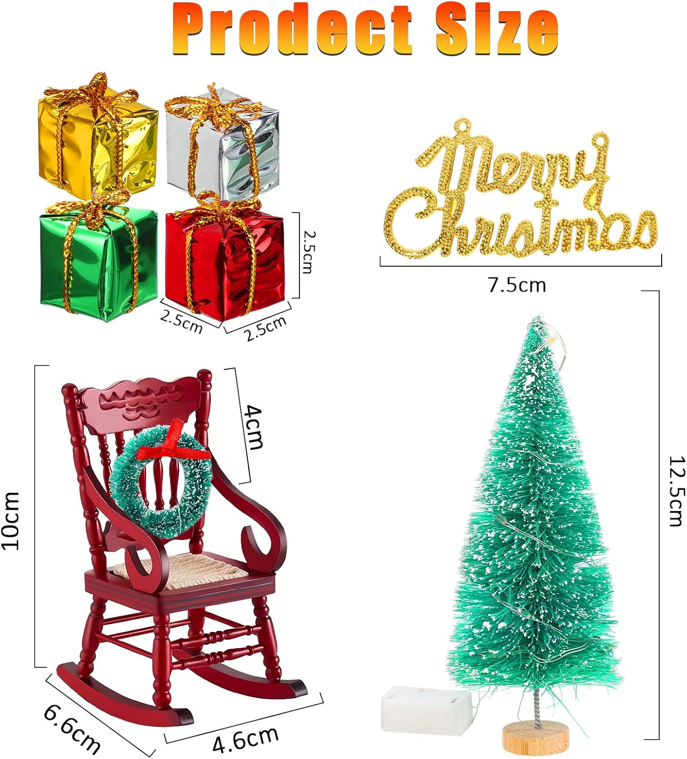 Juego de 9 linternas navideñas de memoria, incluye sillas de modelo de Navidad a escala 112, árbol de Navidad, cajas de regalo, corona multicolor