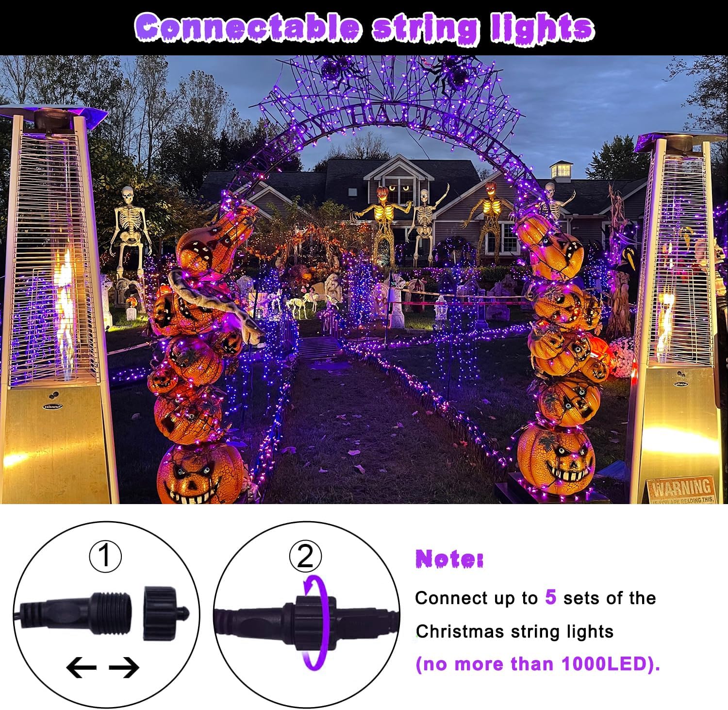 JMEXSUSS – 200 luces LED de Navidad púrpuras para exteriores, 66 pies, luces de cadena de luces púrpuras, expandibles, con 8 modos, impermeables,