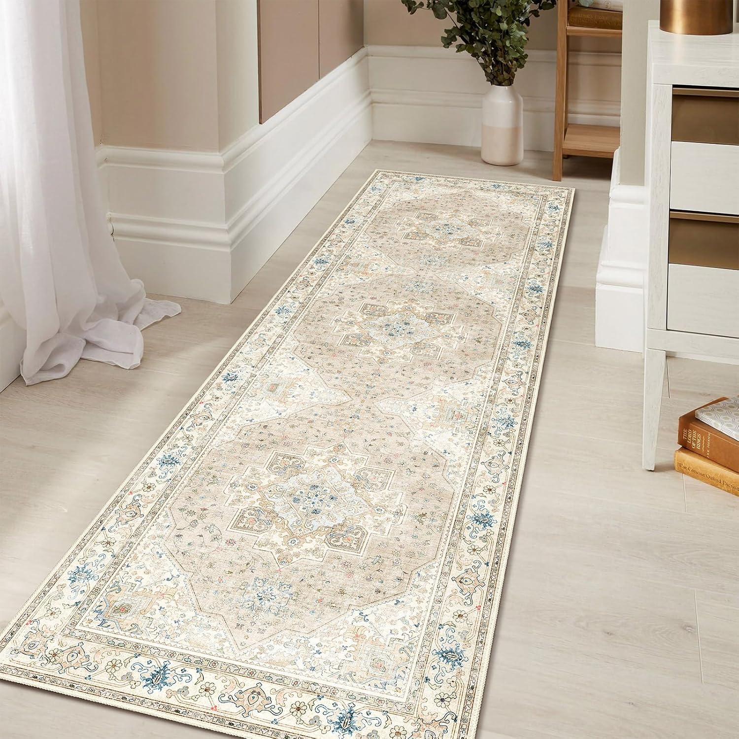 Runner Rug 2×6 Beige Boho Rug for Entryway Hallway Kitchen Laundry Room Bathroom Non Slip Soft Washable Vintage Runner Floor Carpet