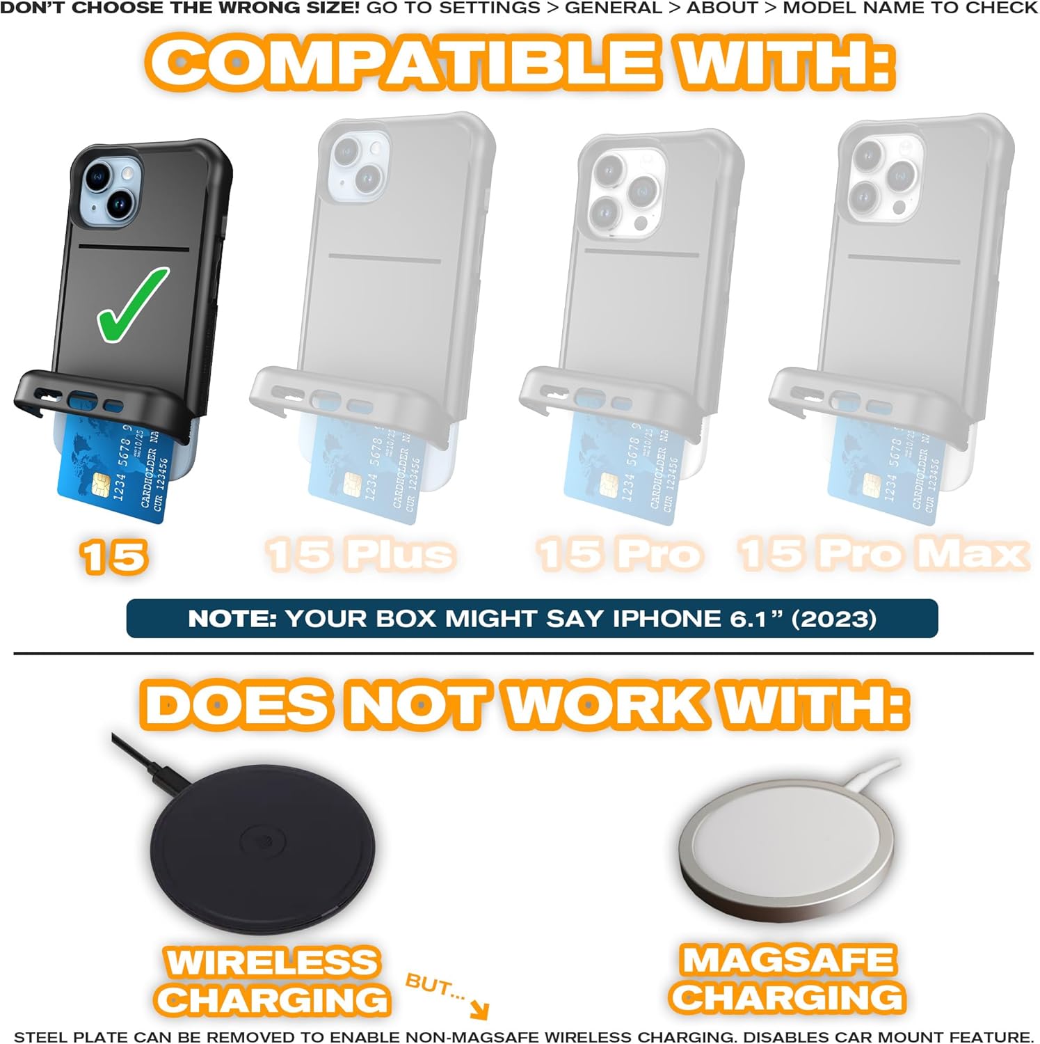 Scooch Wingmate – Funda para iPhone 15 con tarjetero y ranura oculta para tarjetas y protección RFID, capacidad para hasta 4 tarjetas, protección