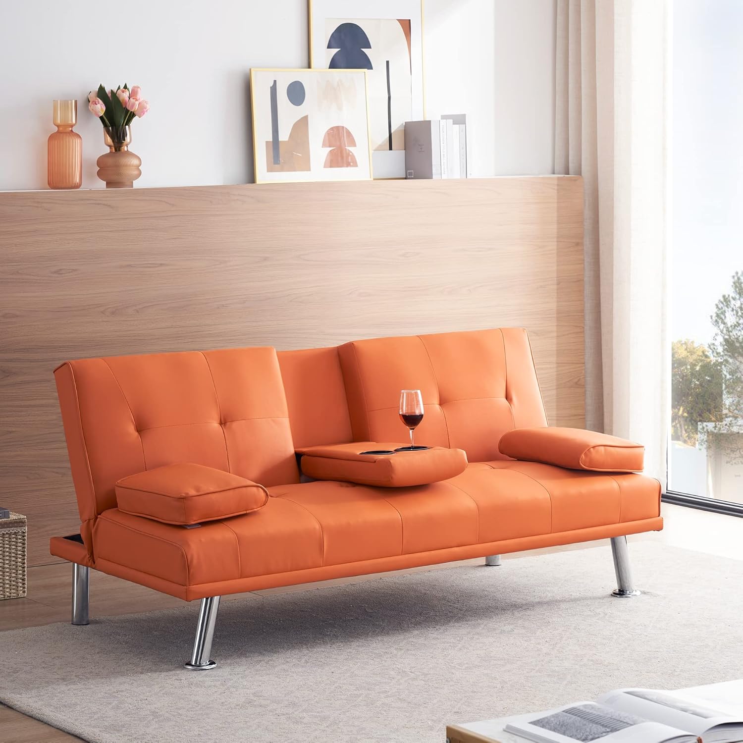 Sofá cama plegable doble multifuncional de 67 pulgadas con 2 portavasos, sofá biplaza de cuero con reposabrazos extraíbles, sofá cama plegable