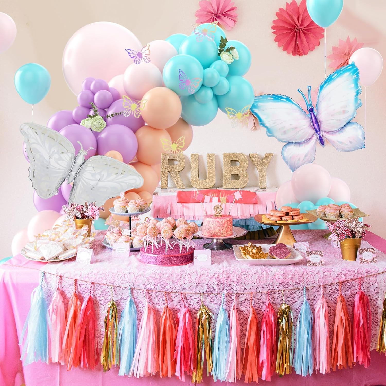 Kit de arco de guirnalda de globos pastel de mariposa, decoración de cumpleaños de mariposa rosa púrpura con calcomanías de mariposa, globo de