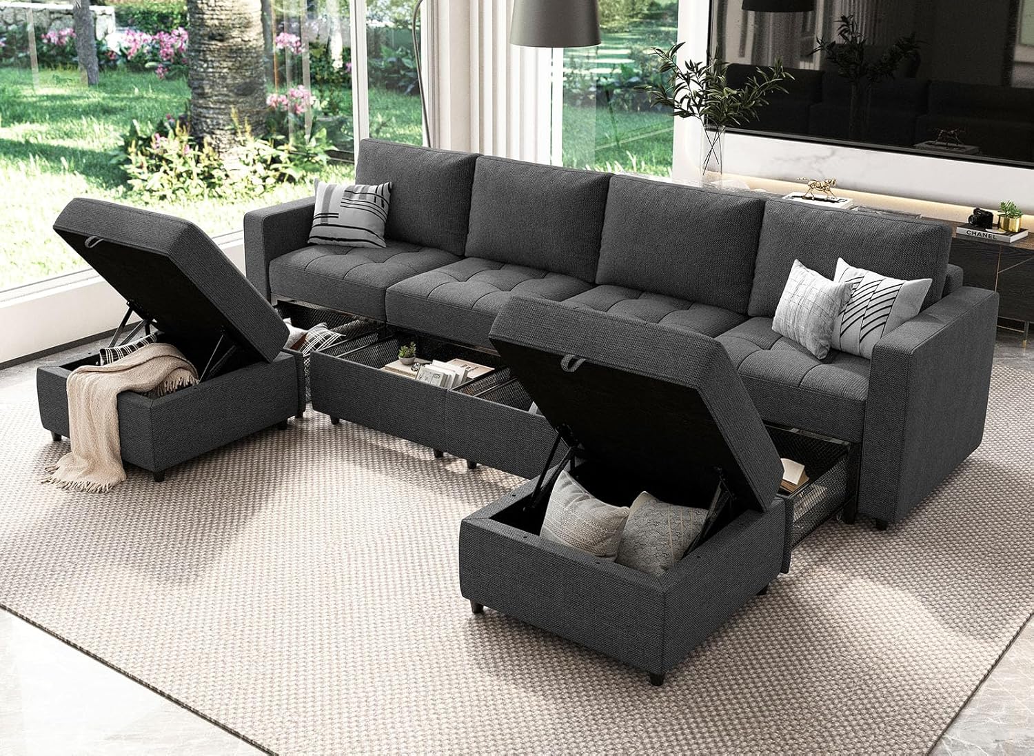 Belffin Sofá modular modular modular en forma de U con cajones de almacenamiento, sofá extraíble de 6 plazas con tumbonas, modular de gran tamaño