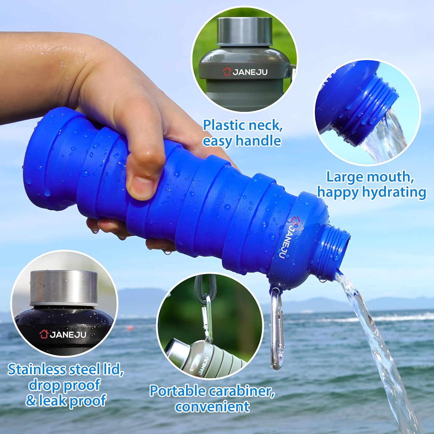 JaneJu – Botella de agua plegable de 17 onzas, sin BPA, reutilizable, portátil, ligera, plegable, con mosquetón, botella de agua deportiva portátil