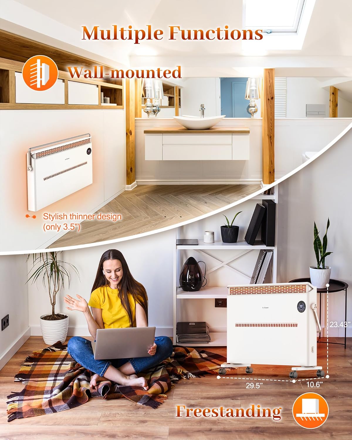 G-Ocean Calentador de espacio para habitaciones grandes, calentador de panel de convección de 1500 W, calefacción silenciosa para uso en interiores,