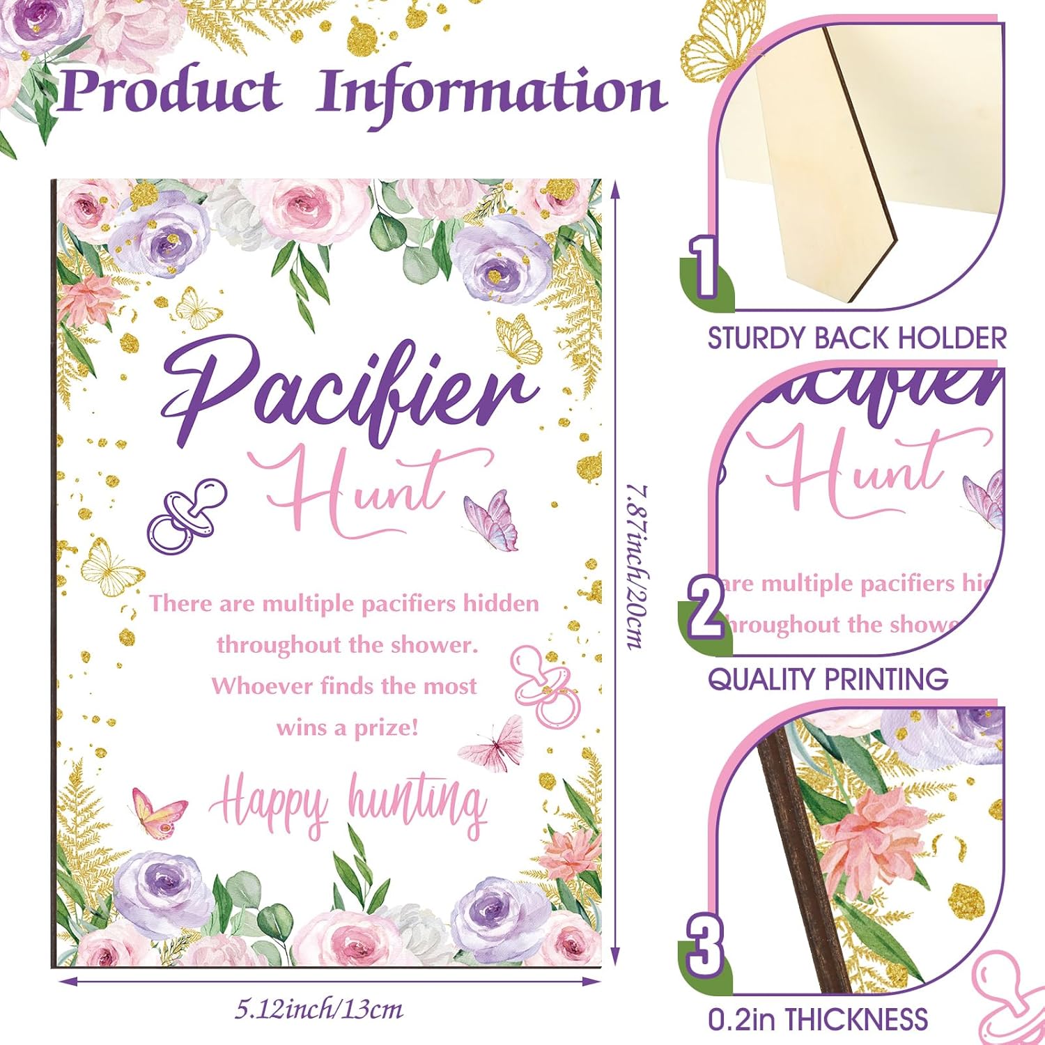 51 juegos geniales para baby shower, incluyen letrero de caza de chupete de mariposa y 50 chupetes acrílicos para bebé, mini chupetes para fiesta de
