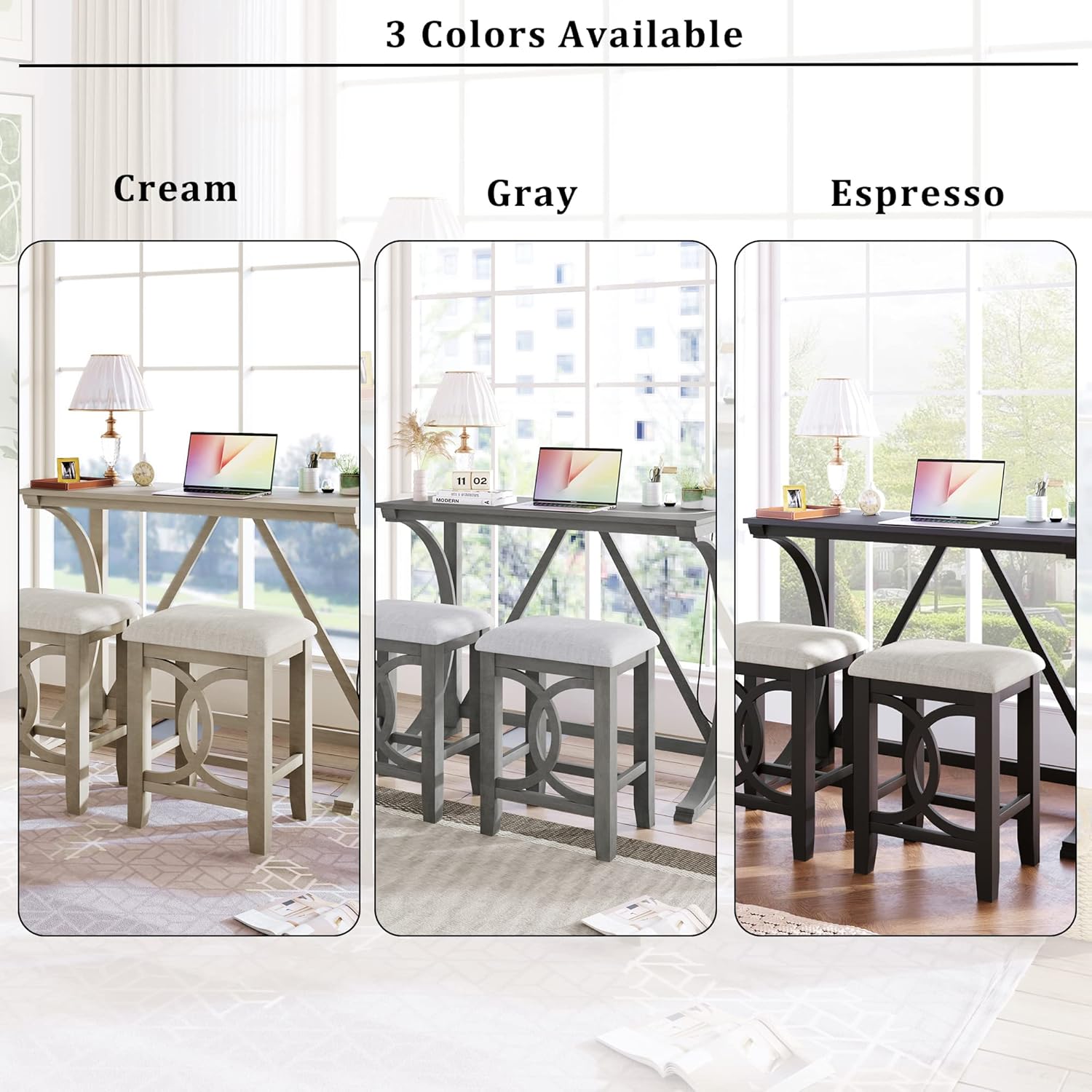 Juego de mesa de comedor con altura de mostrador, 3 piezas, puerto USB integrado y taburetes tapizados, para cocina, restaurantes, muebles de sala