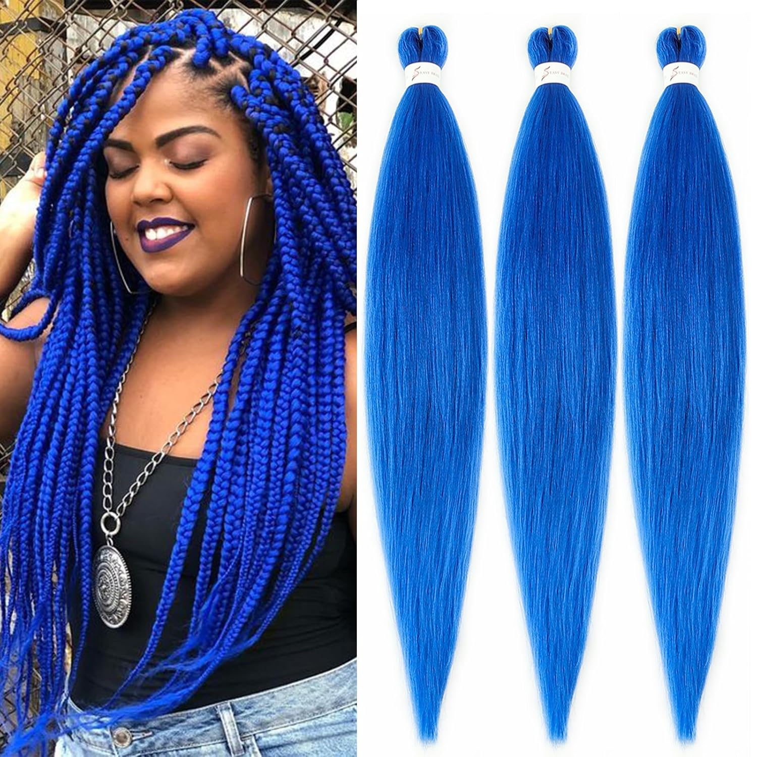 Kanekalon – Cabello trenzado azul preestirado de 30 pulgadas, 3 paquetes de cabello trenzado preestirado EZ, textura Yaki, extensiones de cabello