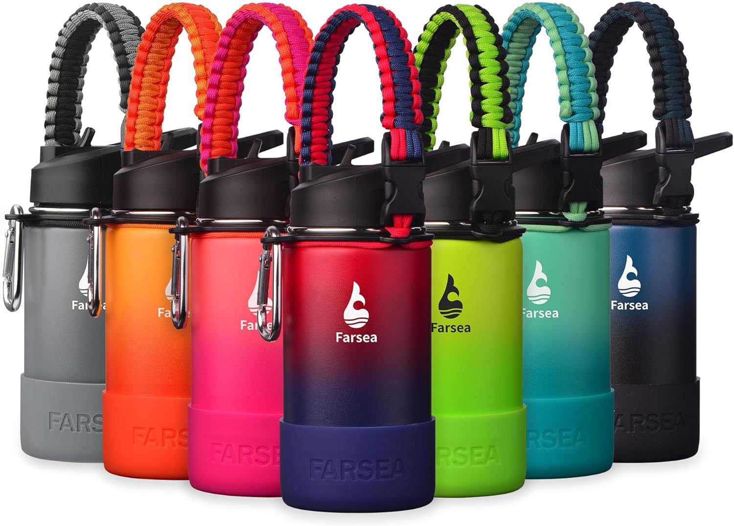 Farsea Botella de agua aislada con mango de paracaídas, funda protectora de silicona y 2 tapas (tapa de popote y tapa de boquilla), botella de agua