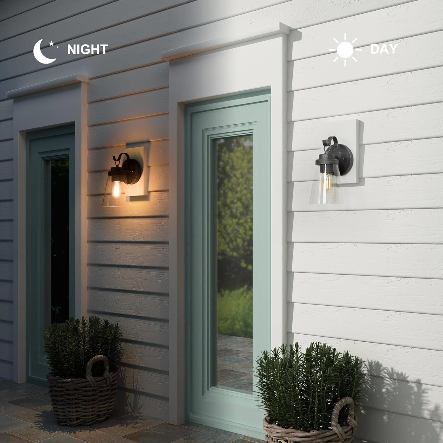 Paquete de 2 lámparas de pared para exteriores, apliques de pared exterior de granja con vidrio transparente, linternas modernas impermeables para