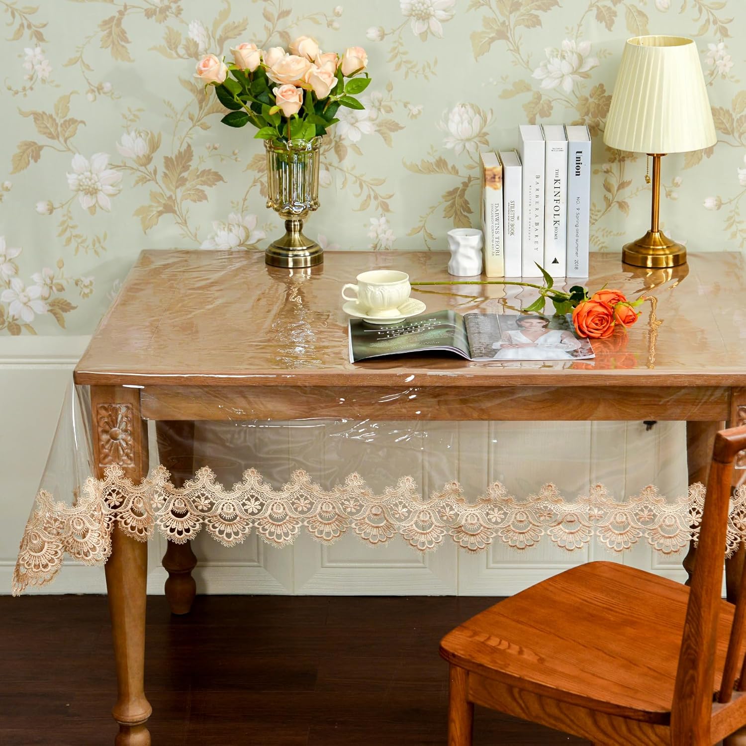 OOKSEN Mantel de encaje, mantel de plástico transparente, impermeable, rectangular, protector oblongo, para cocina, comedor, decoración de Navidad