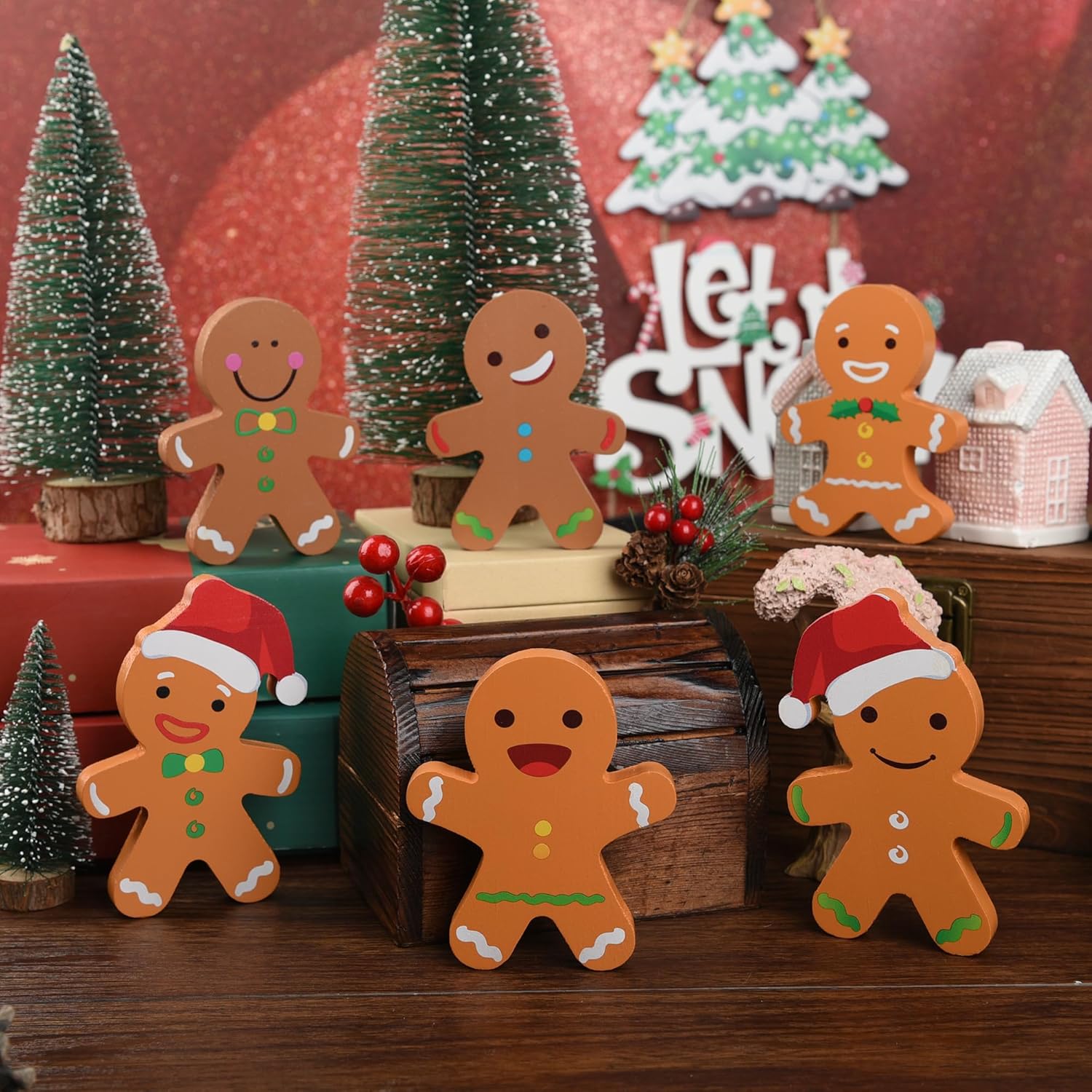 6 piezas de pan de jengibre decoraciones navideñas de hombre de jengibre de Navidad, letreros de madera decorativos de granja para mesa de invierno