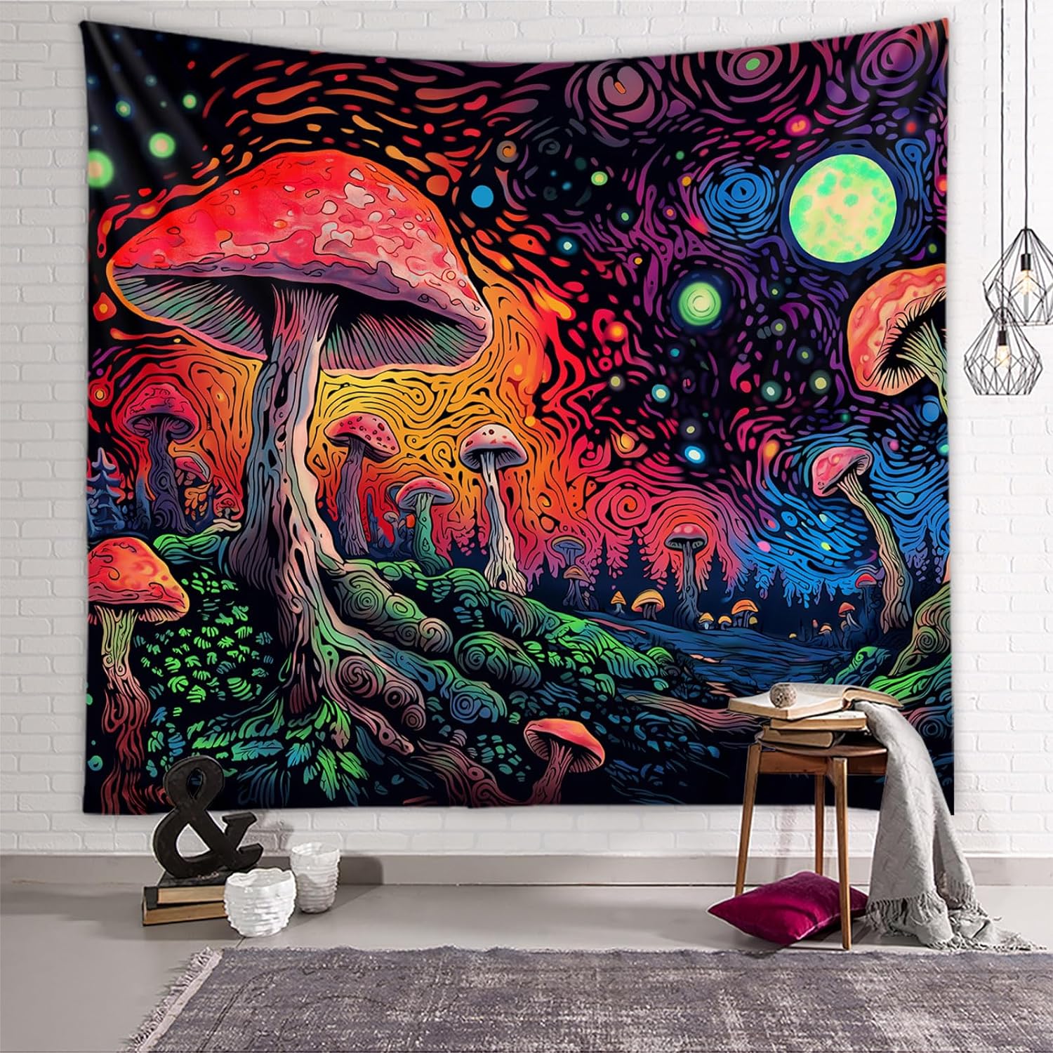 Tapzen Tapiz de hongos, luna y estrellas, tapiz colorido de plantas para dormitorio, tapiz estético de bosque de fantasía, tapiz bohemio para colgar