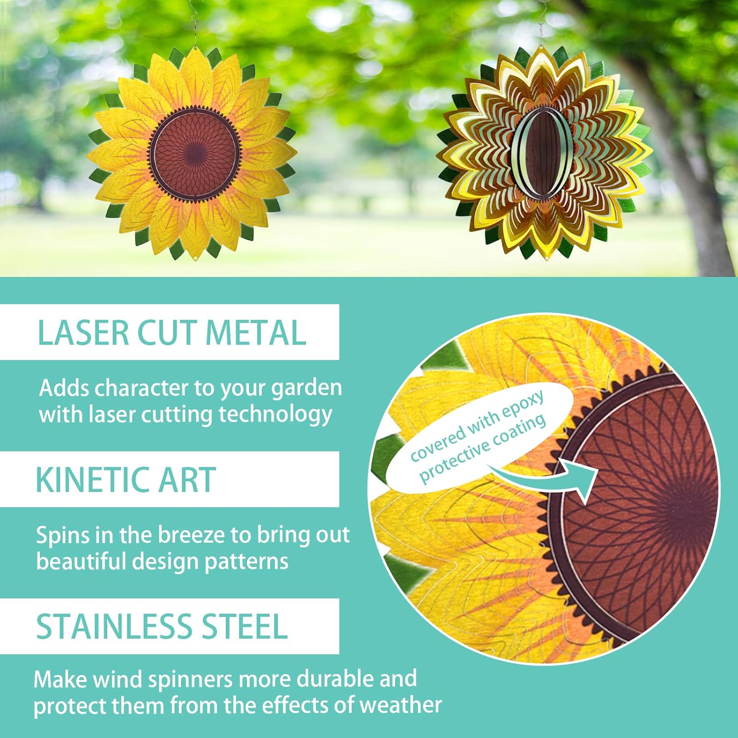 Molinillo de viento para patio, decoración de jardín, esculturas de metal de acero inoxidable 3D, girasol, cinético colgante, decoración de patio