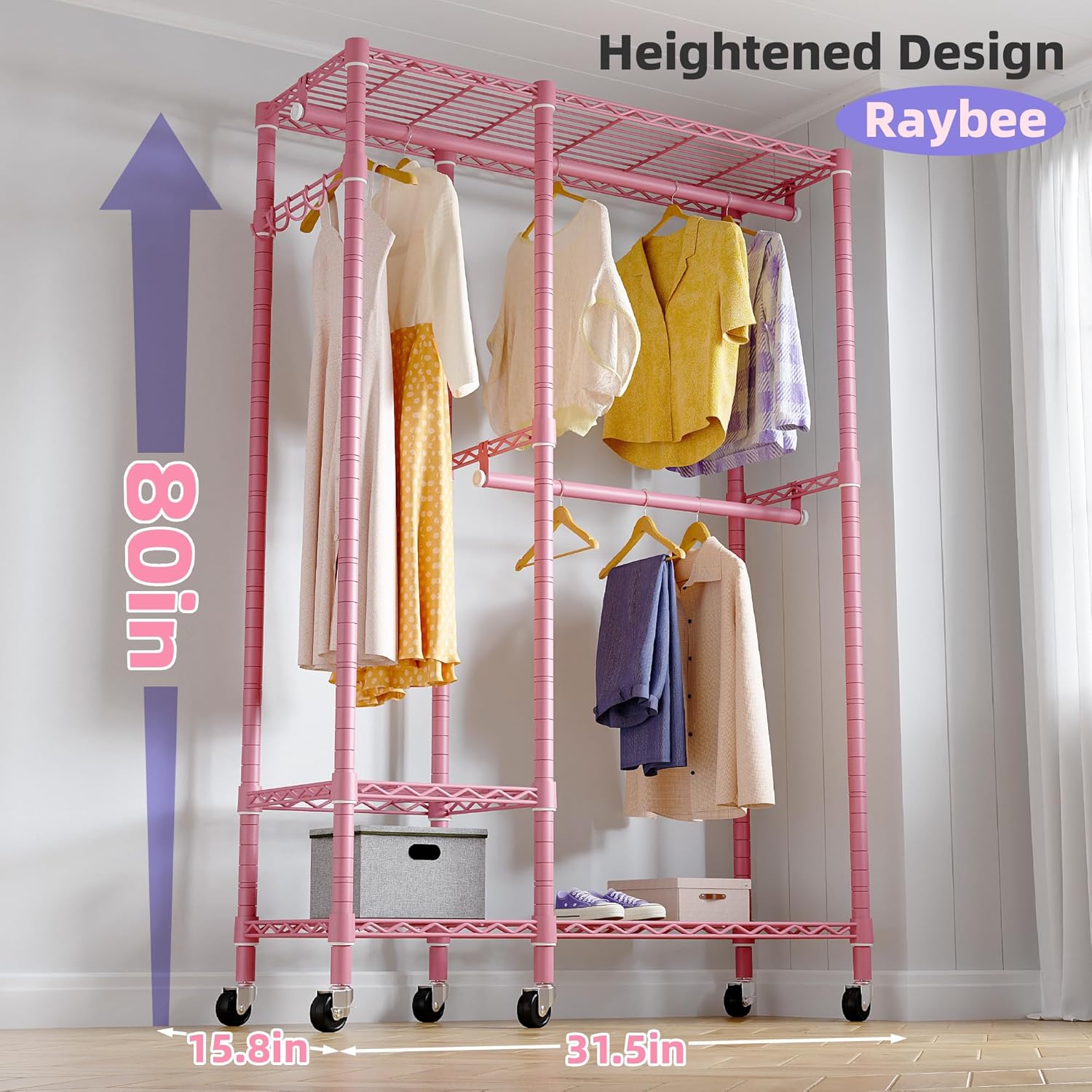 Raybee Perchero de ropa rosa de 80 pulgadas de alto, perchero resistente para colgar ropa, perchero con ruedas, estante portátil de alambre para