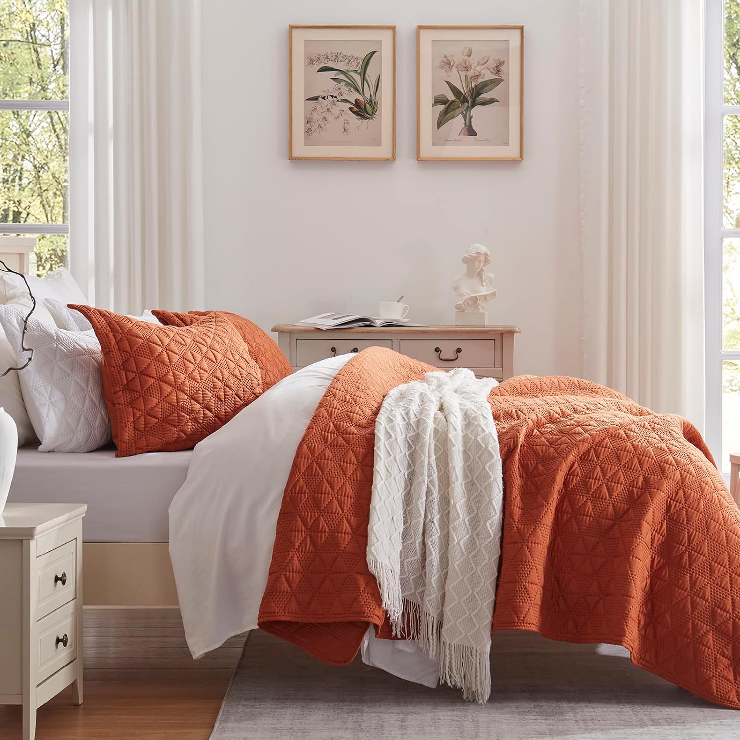 Juego de ropa de cama de 3 piezas de color naranja quemado, colcha ligera de verano, 90 x 98 pulgadas, lujosa colcha de microfibra ultrasónica 3D