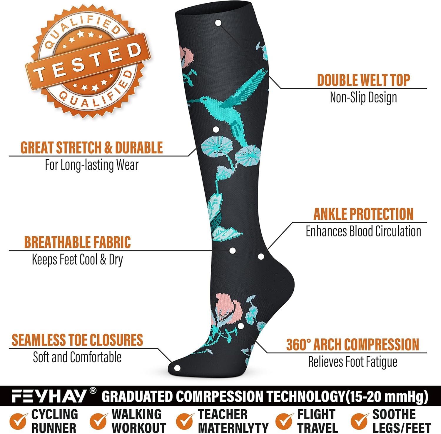 FEYHAY Calcetines de compresión de cobre (5 pares) de 15-20 mmHg, la circulación es la mejor atlética y diaria para hombres y mujeres, correr,
