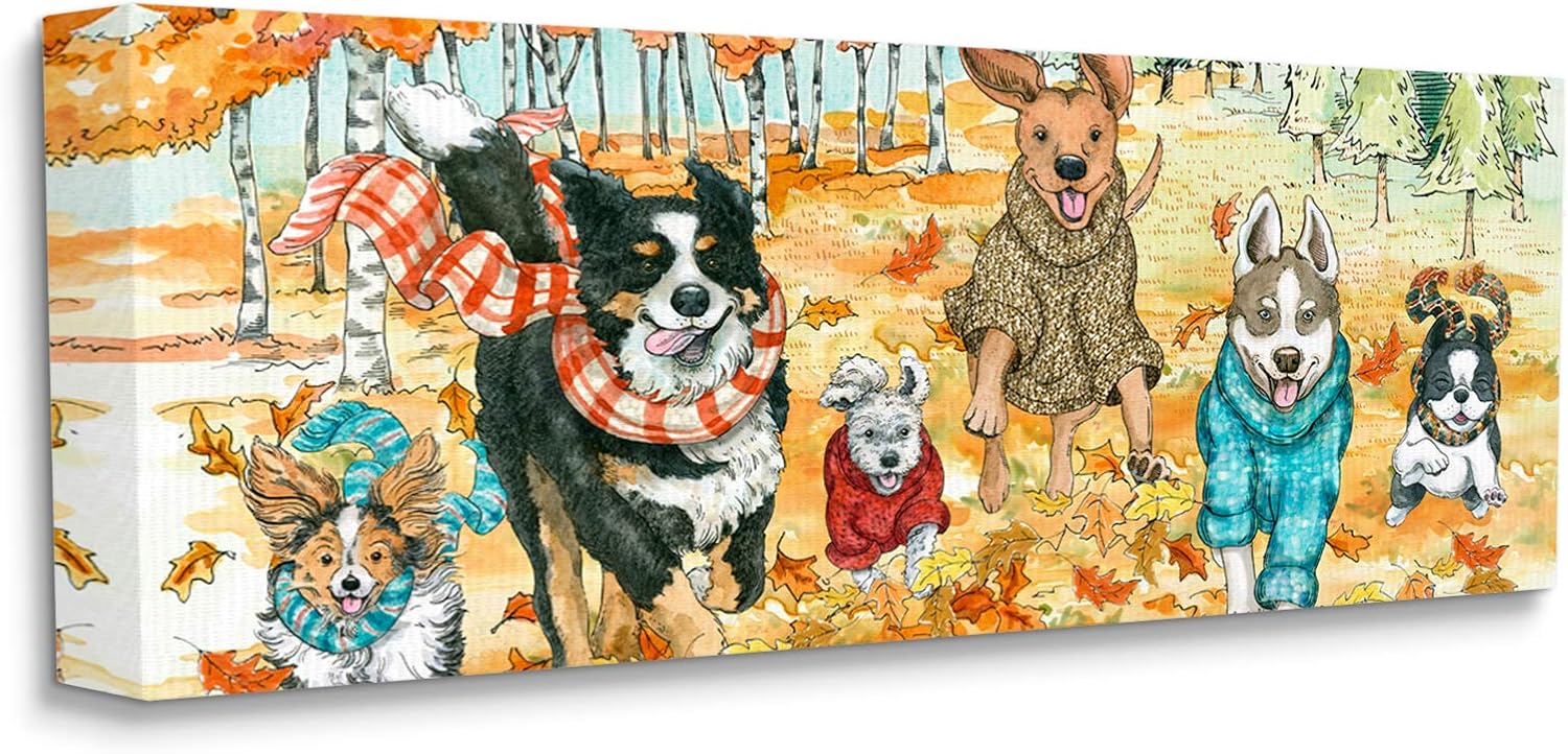 Stupell Industries Sherri Buck Baldwin – Lienzo decorativo para pared, diseño de animales del parque de perros otoñales, hojas de otoño, 13 x 30