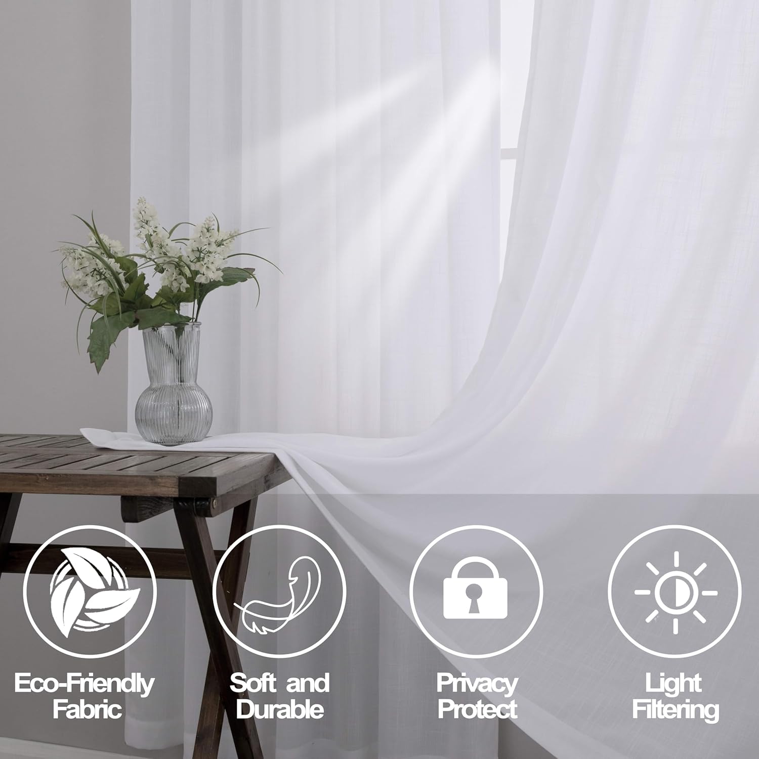 Cortinas de lino blanco de 90 pulgadas de largo para sala de estar, ligeras, decoración bohemia de granja, bolsillo para barra, pestaña trasera,