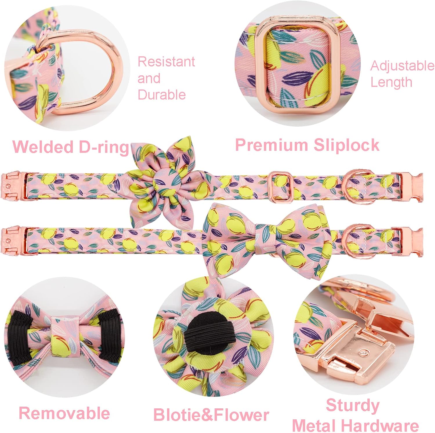Juego de collar y correa para perro con pajarita, collar de perro con flor desmontable con placa de identificación para perro, hebilla dorada fuerte