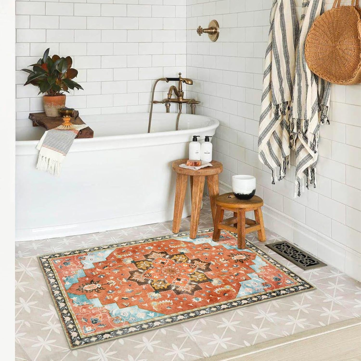 Seavish Alfombras de baño bohemias lavables de 24 x 36 pulgadas, color naranja, oriental, grande, de secado rápido, tapete retro para puerta