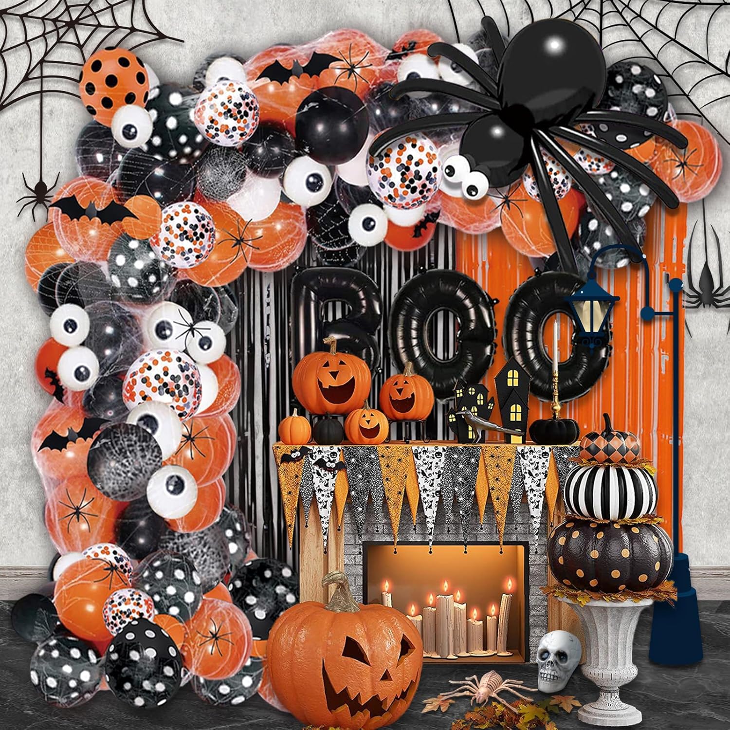 116 globos de fiesta de Halloween, kit de guirnalda de arco de globos de Halloween, globos de confeti negro naranja, cortina de flecos de aluminio
