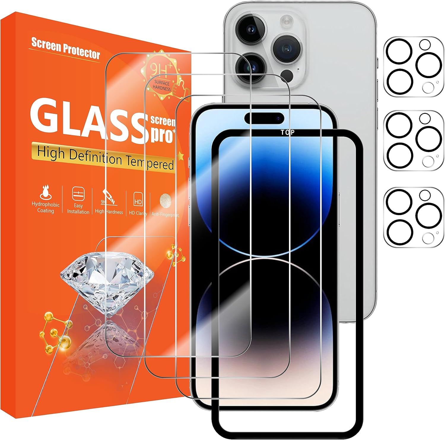 Paquete de 3 + 3 protectores de pantalla para iPhone 15 Pro MAX + 3 protectores de lente de cámara, protector de pantalla de vidrio templado con