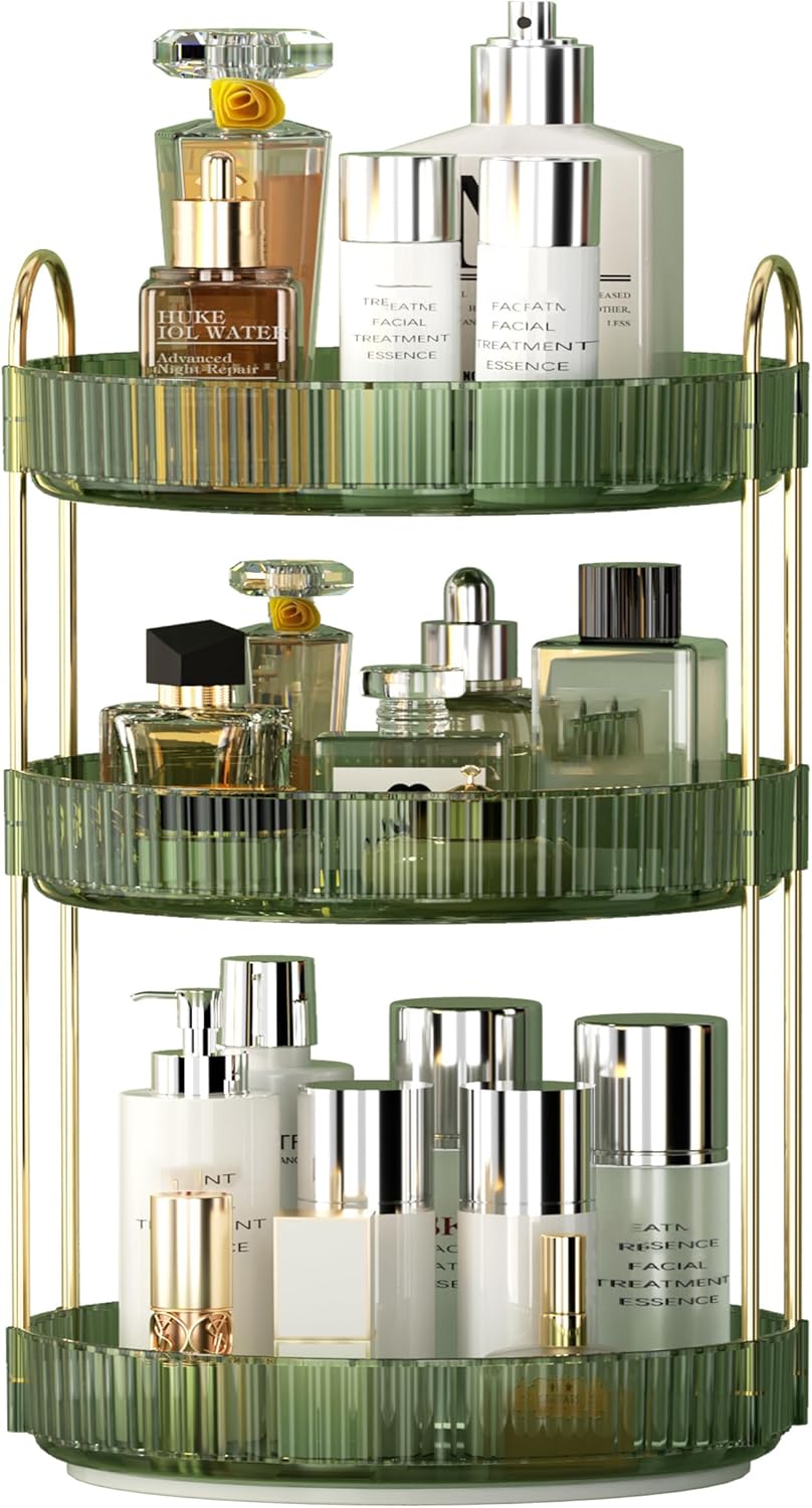 YCIA&DONE Organizador de maquillaje giratorio 360 y almacenamiento para encimera de tocador, 3 niveles, organizador de perfumes cosméticos de alta
