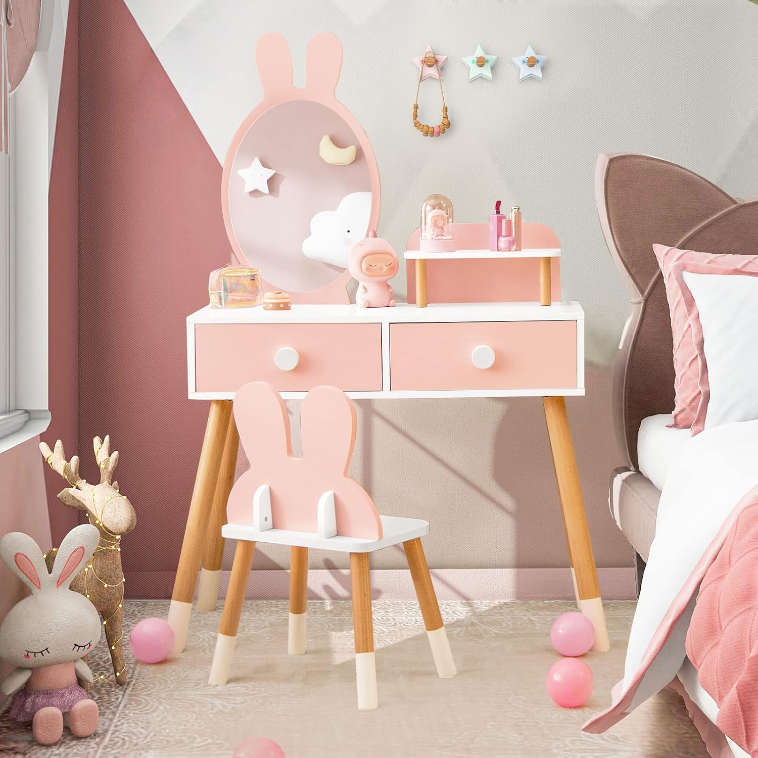 Costzon Juego de tocador para niños, juego de tocador para niñas con espejo y taburete, 2 cajones grandes, estante de almacenamiento, tocador de