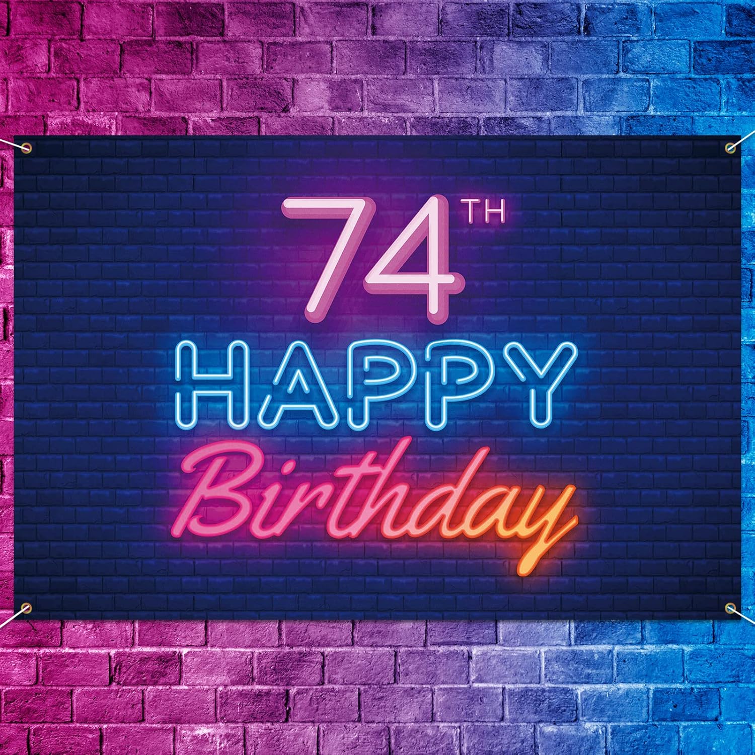 Cartel de fondo de neón brillante con texto en inglés “Happy 74th Birthday”, decoración temática de fiesta de cumpleaños de 74 años para hombres y