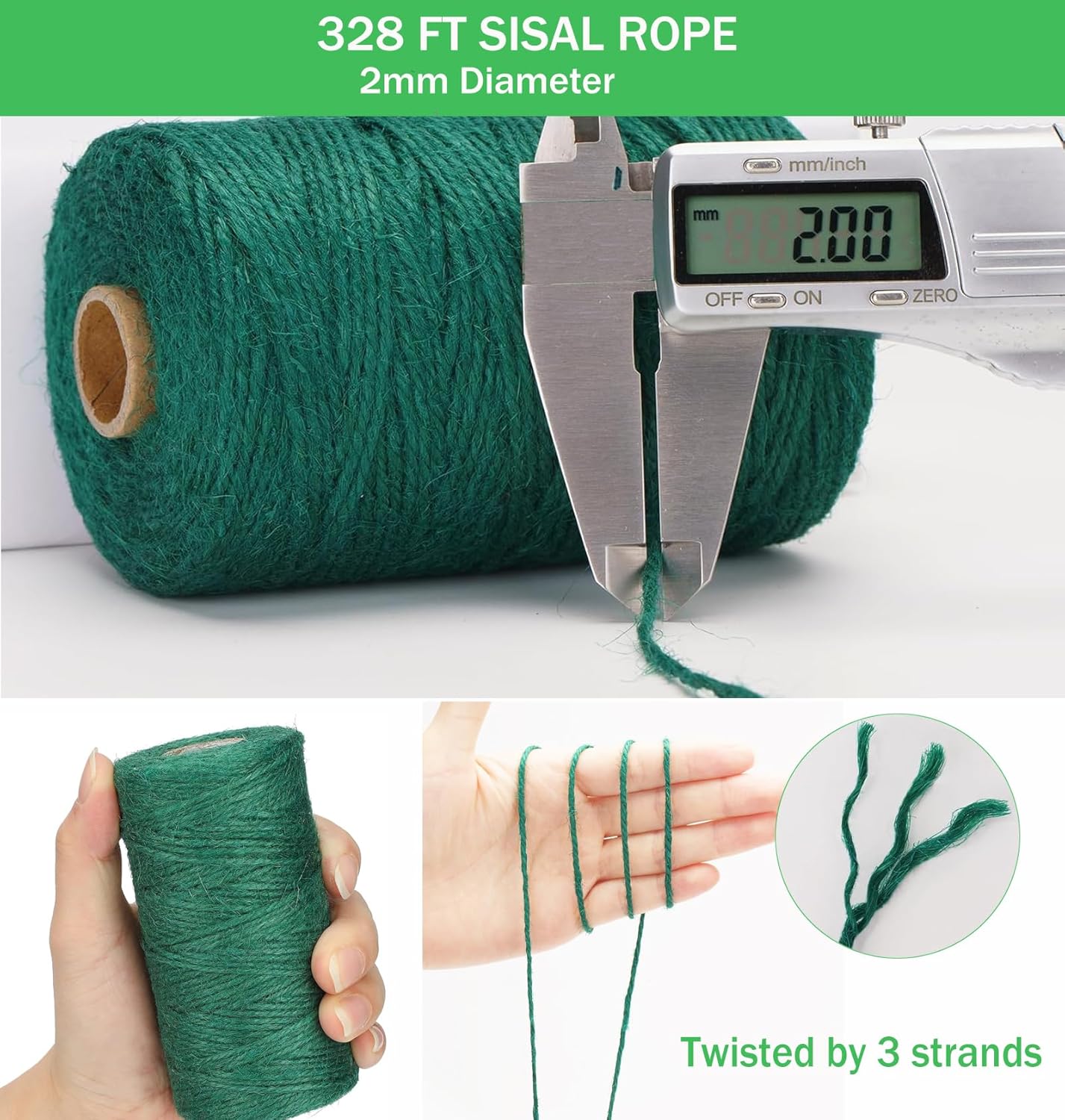 Cuerda de sisal verde de 0.079 in y 328 pies para poste rascador de gato, cuerda pequeña verde para rascador de bricolaje, reemplazo de poste de