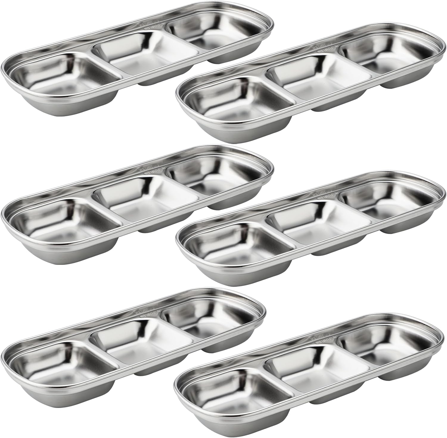 CHWAIKA 6 cuencos de acero inoxidable para salsa de soja, 3 rejillas, platos de salsa divididos, guarniciones para salsa de soja, salsa de tomate,