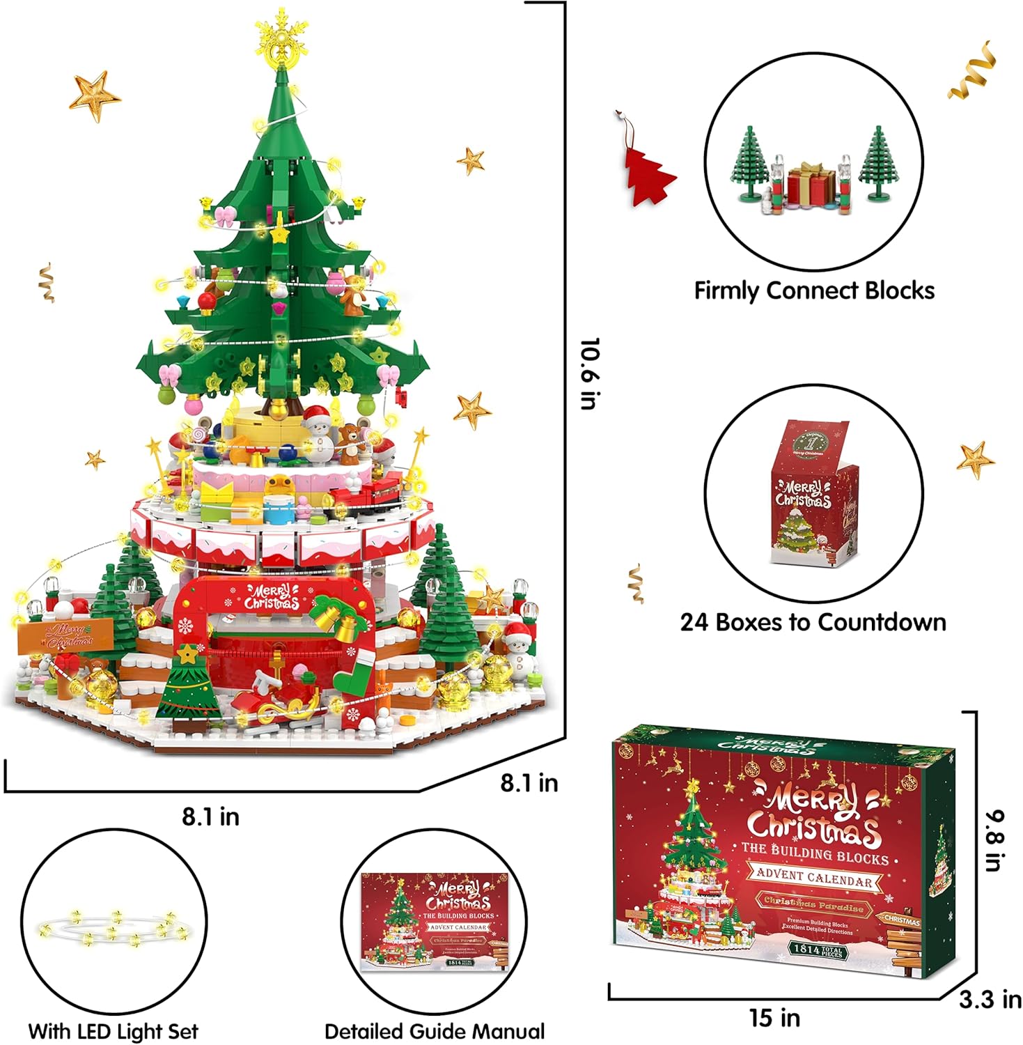Calendario de Adviento 2023 Bloques de construcción de Navidad, kits de construcción de Paraíso de Navidad, 24 piezas, 1814 piezas de bloques de