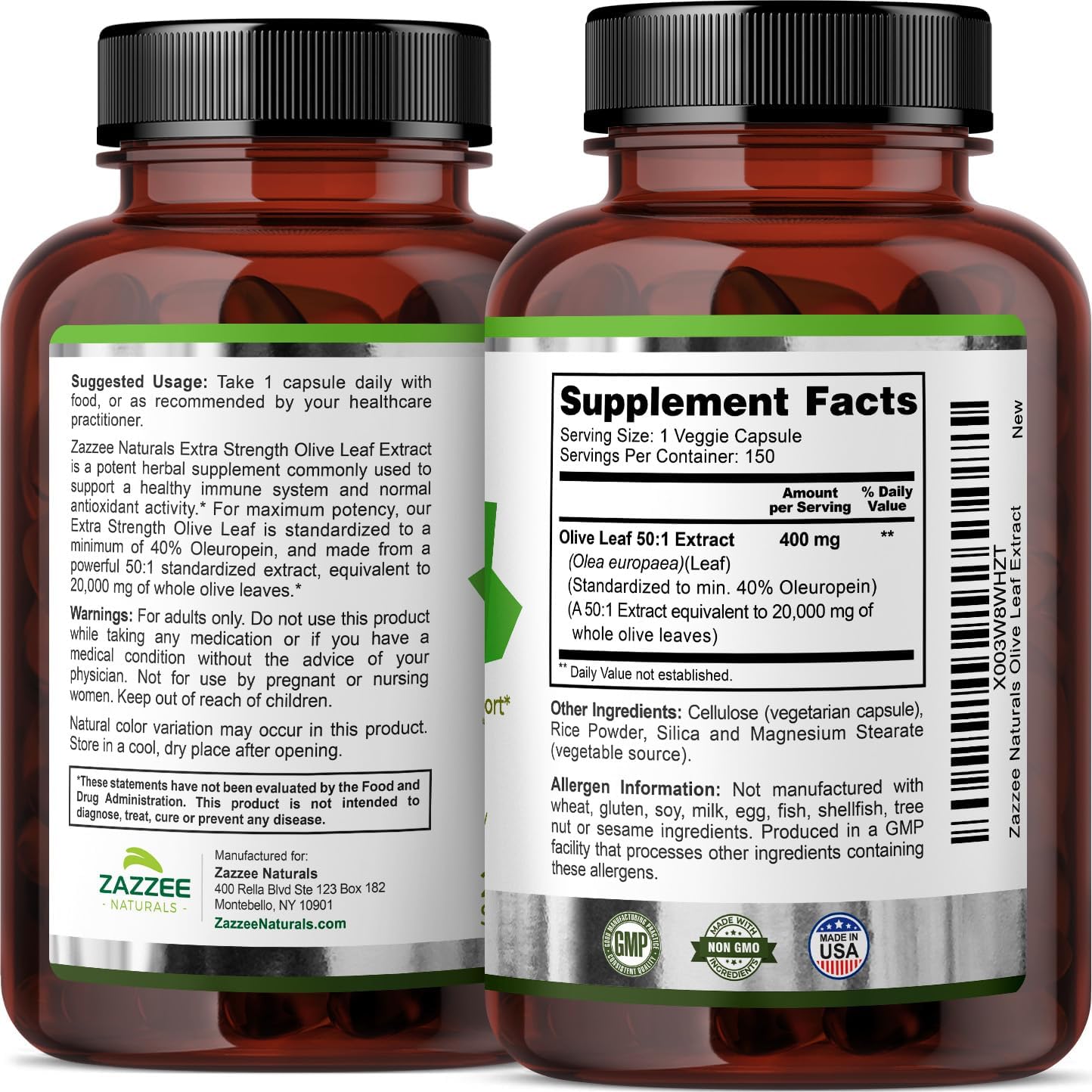 Zazzee Extracto de hoja de olivo extra fuerte 501, 20,000 mg de fuerza, 40% de oleuropeína, 150 cápsulas veganas, suministro de 5 meses, extracto